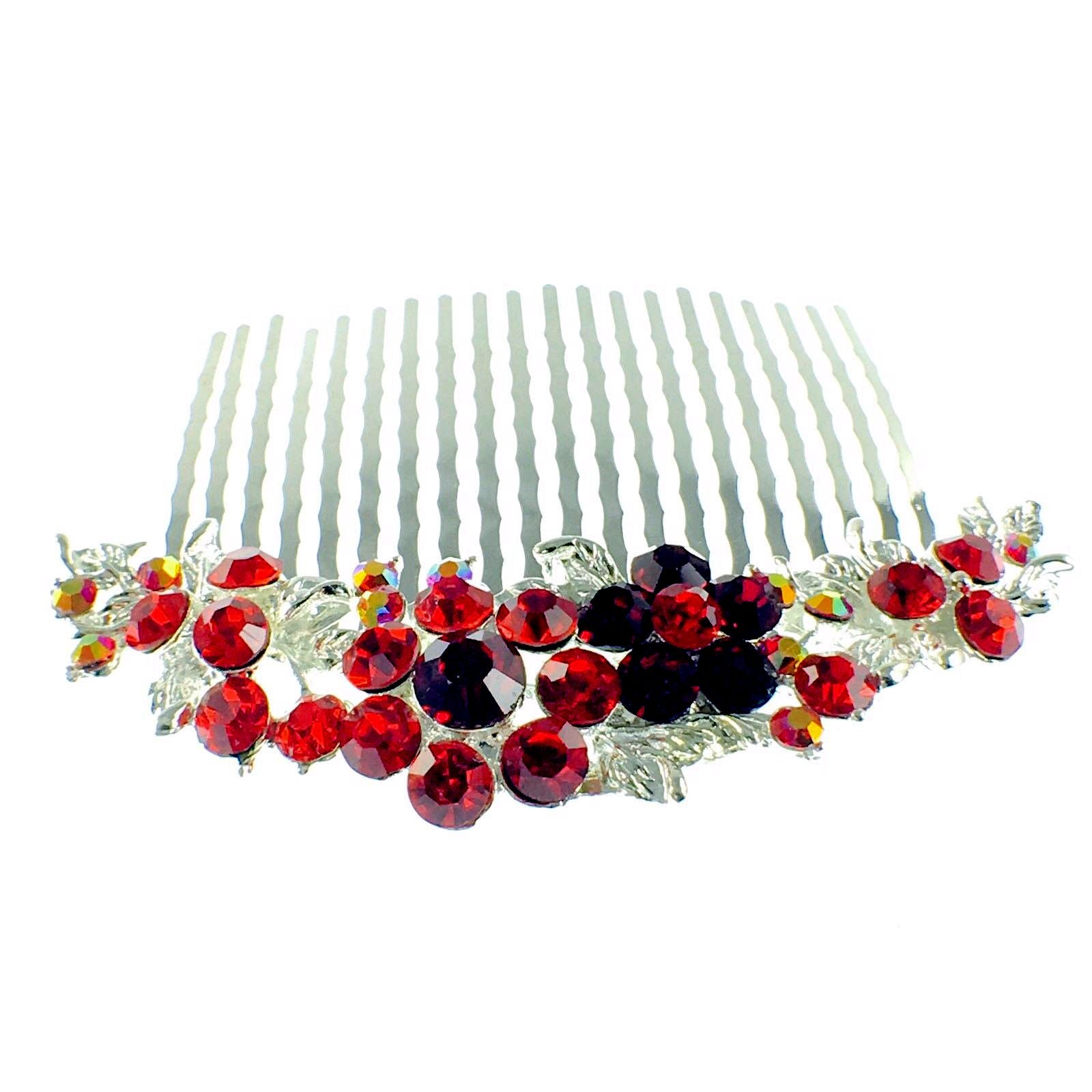 Fresh Floral Hair Comb Austrian Crystal Vintage Simple Flower silver base Sky Cerulean Red, Hair Comb - MOGHANT