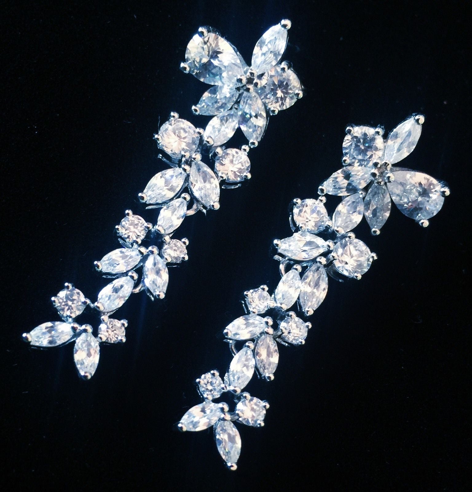 Earring use Swarovski Crystal Dangle Drop Wedding Bridal Rhodium Clear Silver Flower, Dangle/Drop Earring - MOGHANT