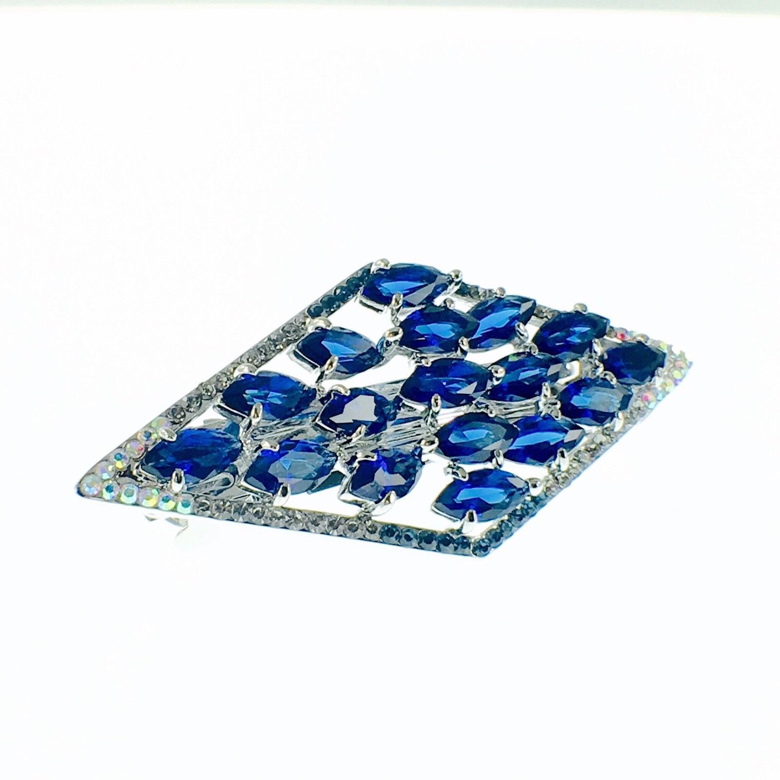 Diamond shape Barrette Handmade use Swarovski Crystal silver base Blue, Barrette - MOGHANT