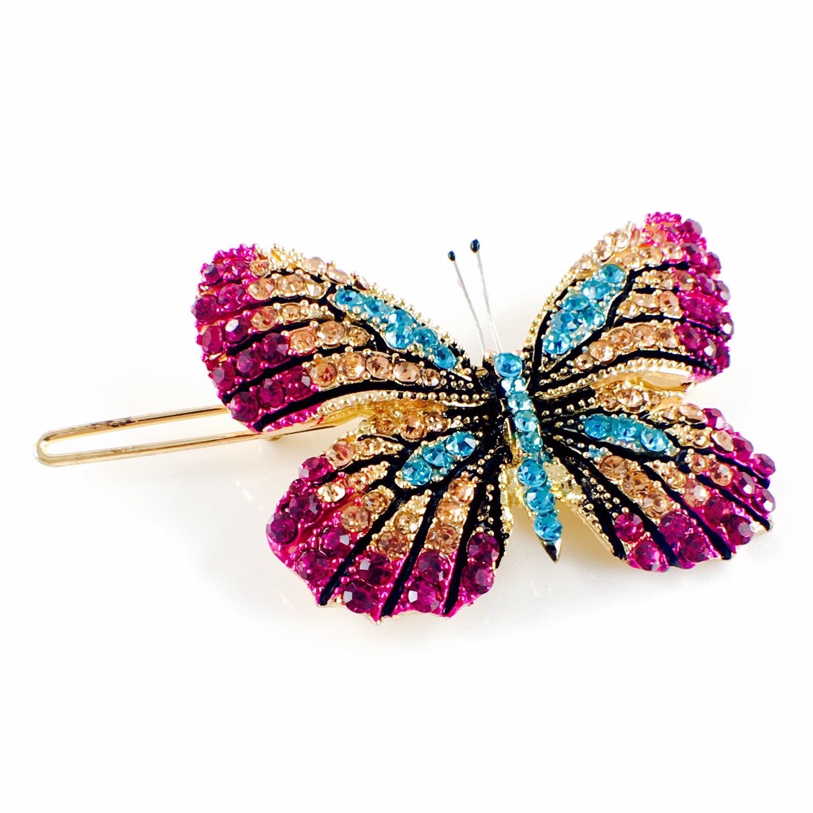 Fairy Butterfly Hair Clip Swarovski Crystal gold base multi colors Fuchsia Magenta Brown Blue, Hair Clip - MOGHANT