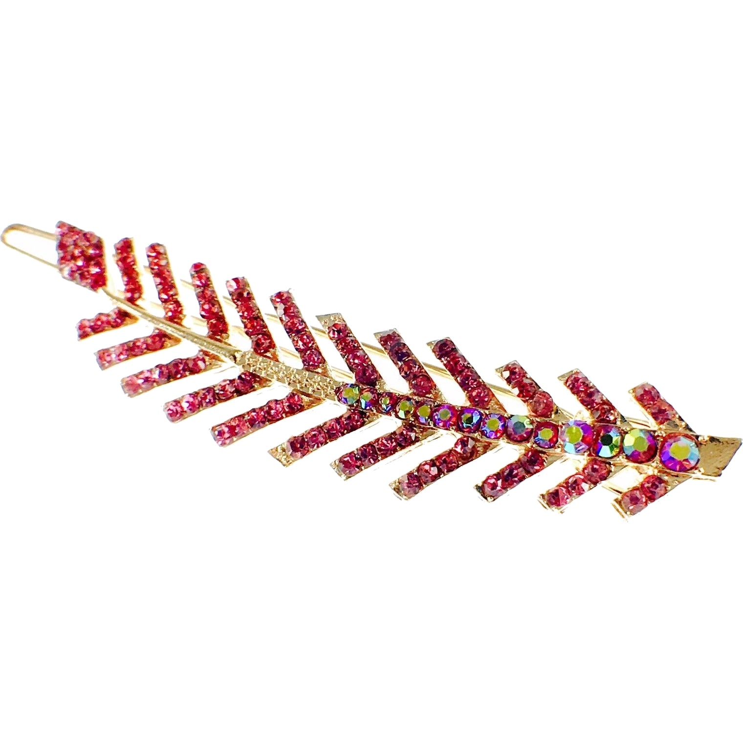 Fern Leaf Hair Clip Rhinestone Crystal gold base Rose Pink, Hair Clip - MOGHANT