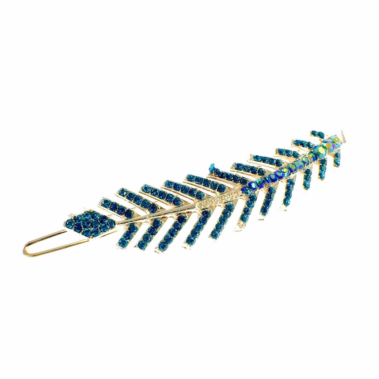 Fern Leaf Hair Clip Rhinestone Crystal gold base Blue Tourmaline Indicolite, Hair Clip - MOGHANT