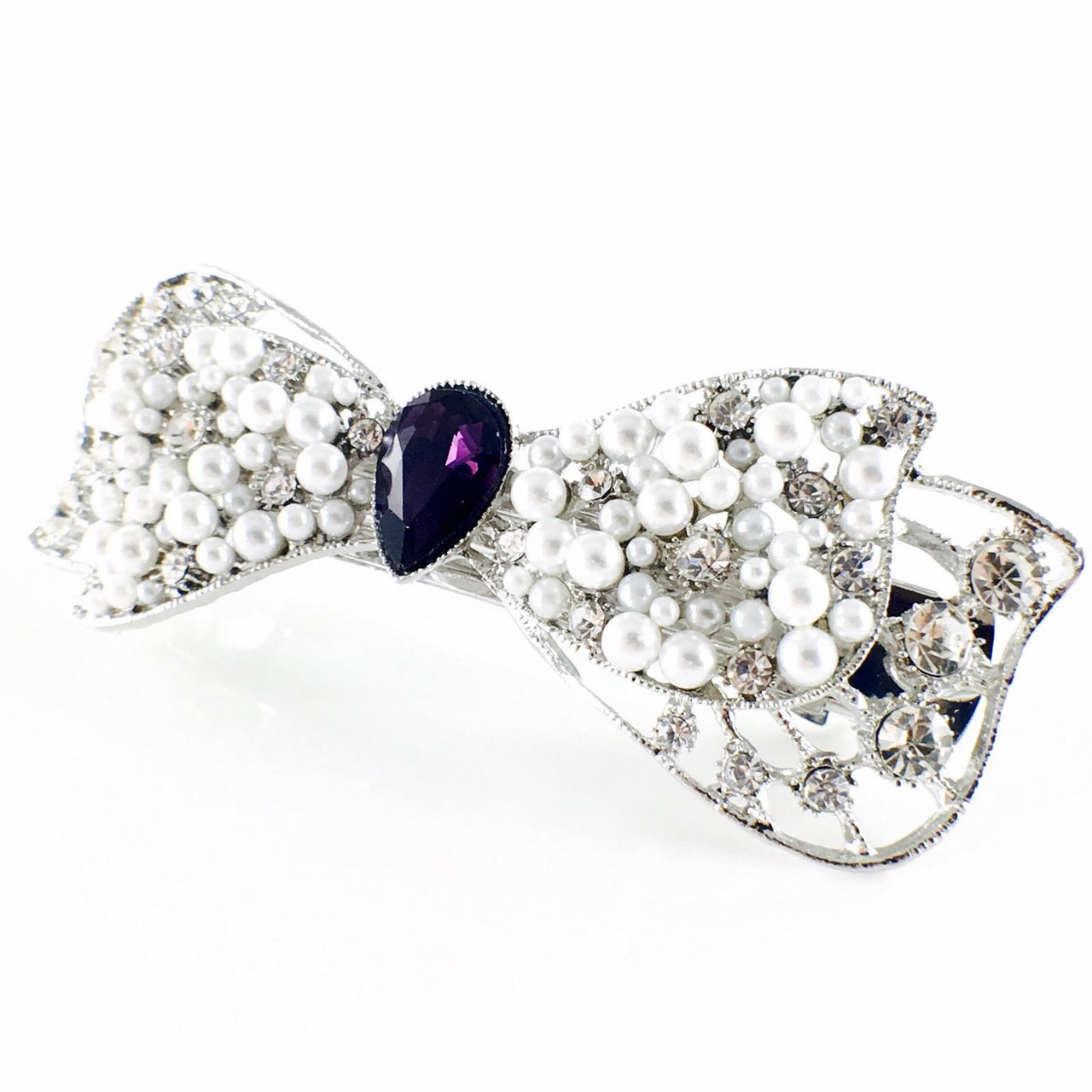 Bow Knot Barrette Rhinestone Crystal silver base white pearls Clear Purple, Barrette - MOGHANT