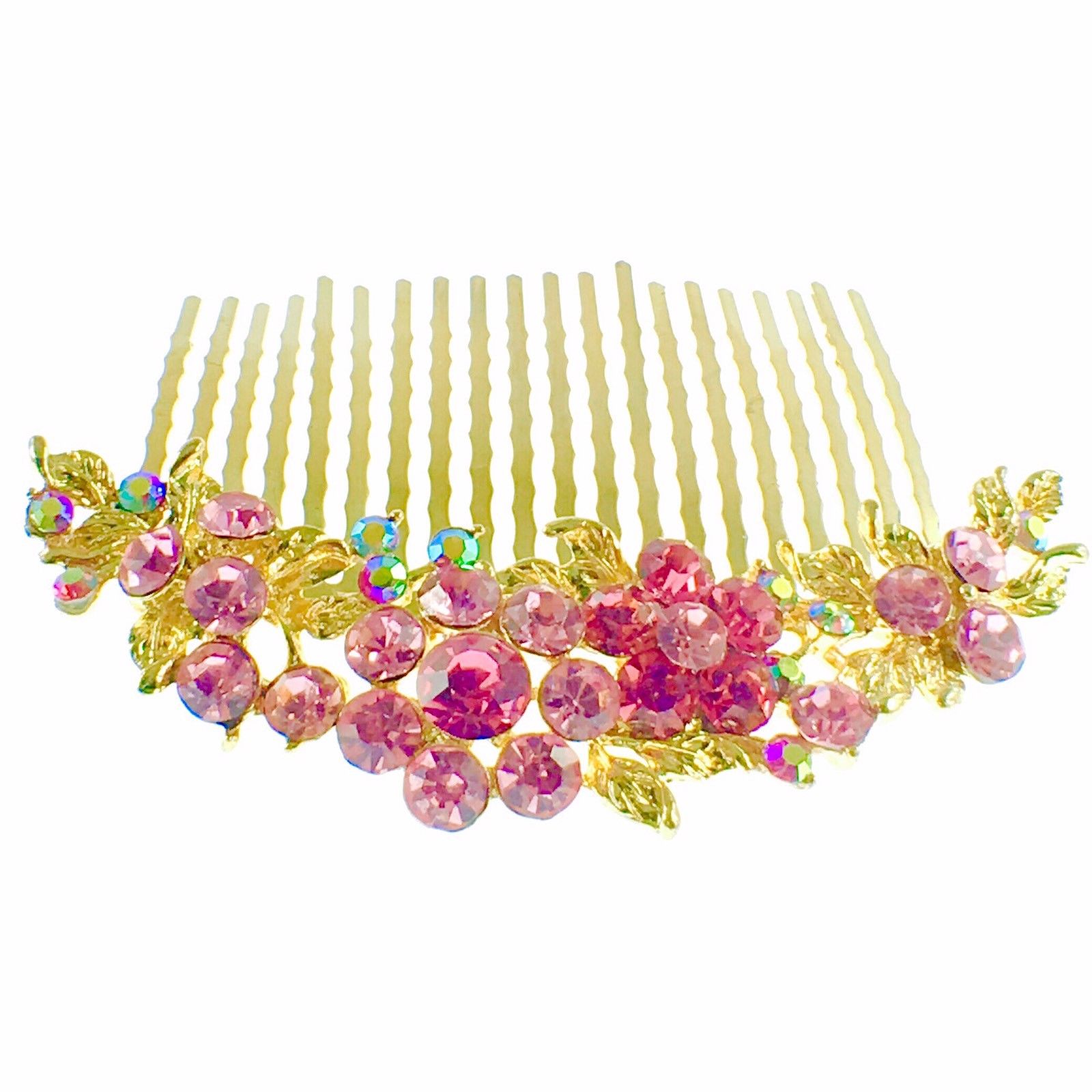 Fresh Floral Hair Comb Austrian Crystal Vintage Simple Flower gold base Pink, Hair Comb - MOGHANT