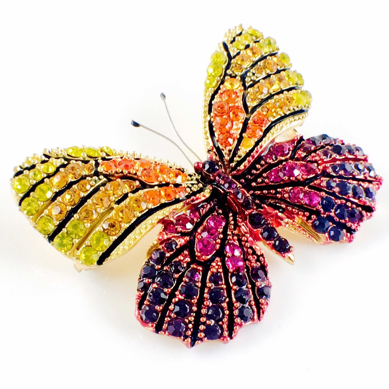 Fairy Butterfly Brooch Swarovski Crystal gold base multi colors Yellow Orange Fuchsia Purple, Brooch - MOGHANT