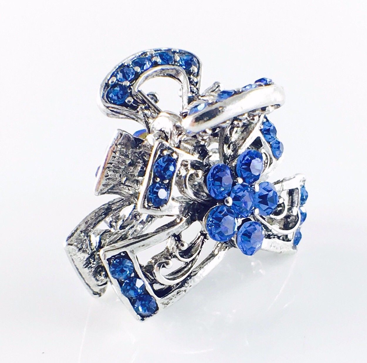 Abstract Butterfly Flower Hair Claw Jaw Clip use Rhinestone Crystal Silver base Blue, Hair Claw - MOGHANT