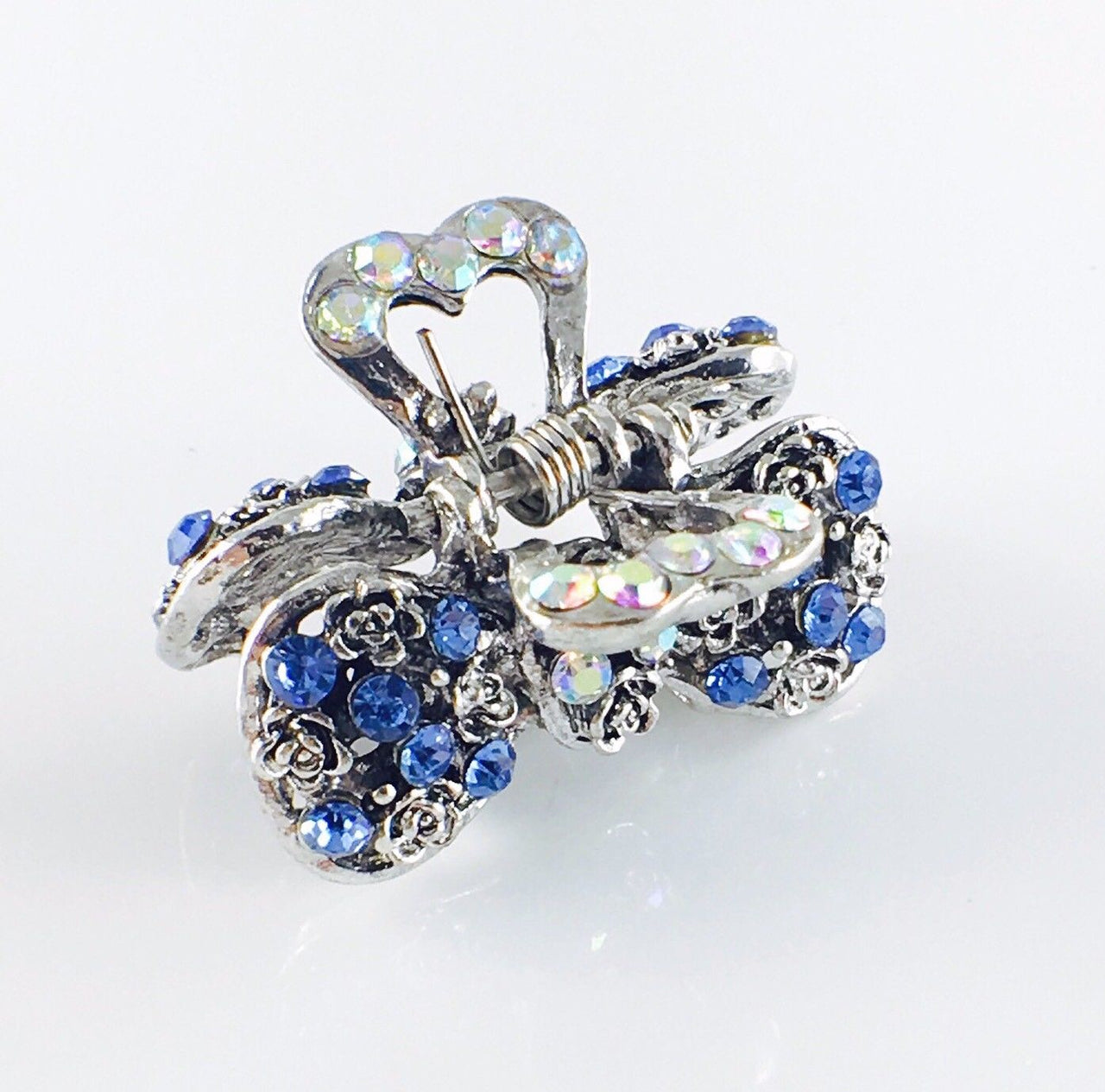 Roses Bow Knot Hair Claw Jaw Clip use Rhinestone Crystal Silver base Blue Sapphire, Hair Claw - MOGHANT