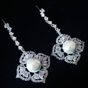 Earring use Swarovski Crystal Dangle Drop Wedding Bridal Rhodium Clear Silver Pearl, Dangle/Drop Earring - MOGHANT