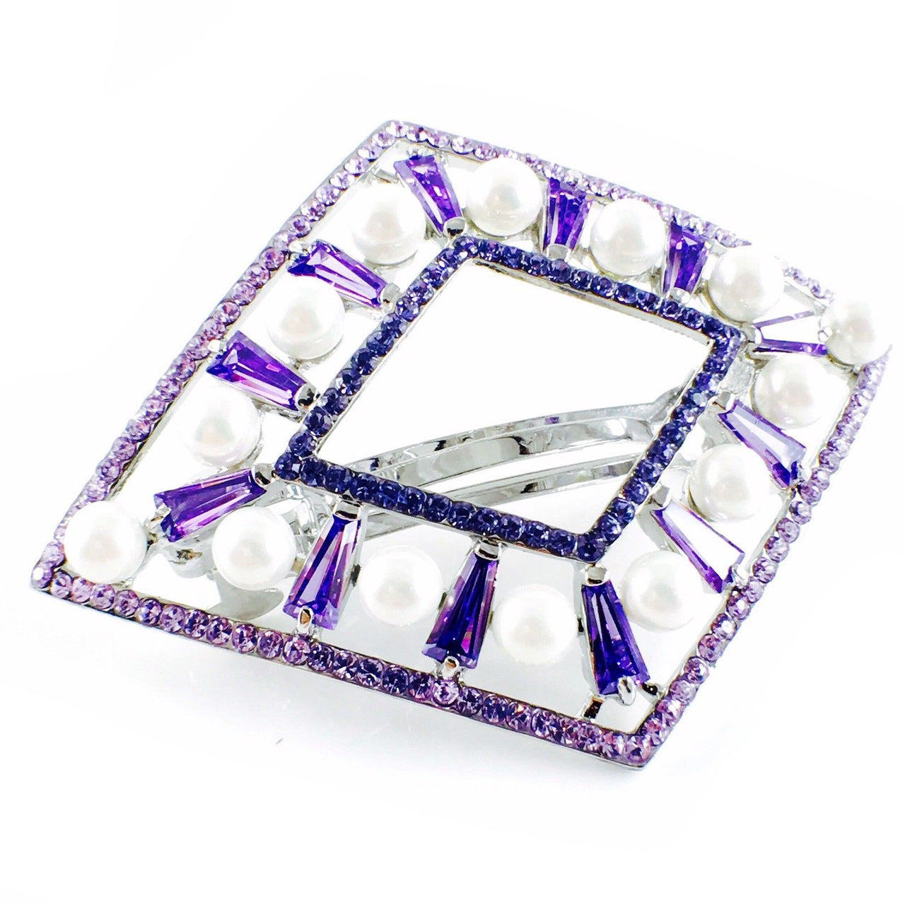 Pearl Barrette Handmade use Swarovski Crystal Purple silver base Rhombus, Barrette - MOGHANT