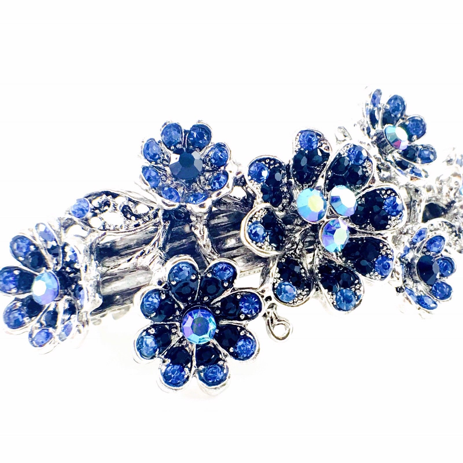Clematis Flower Cluster Barrette Rhinestone Crystal Vintage silver base Blue, Barrette - MOGHANT