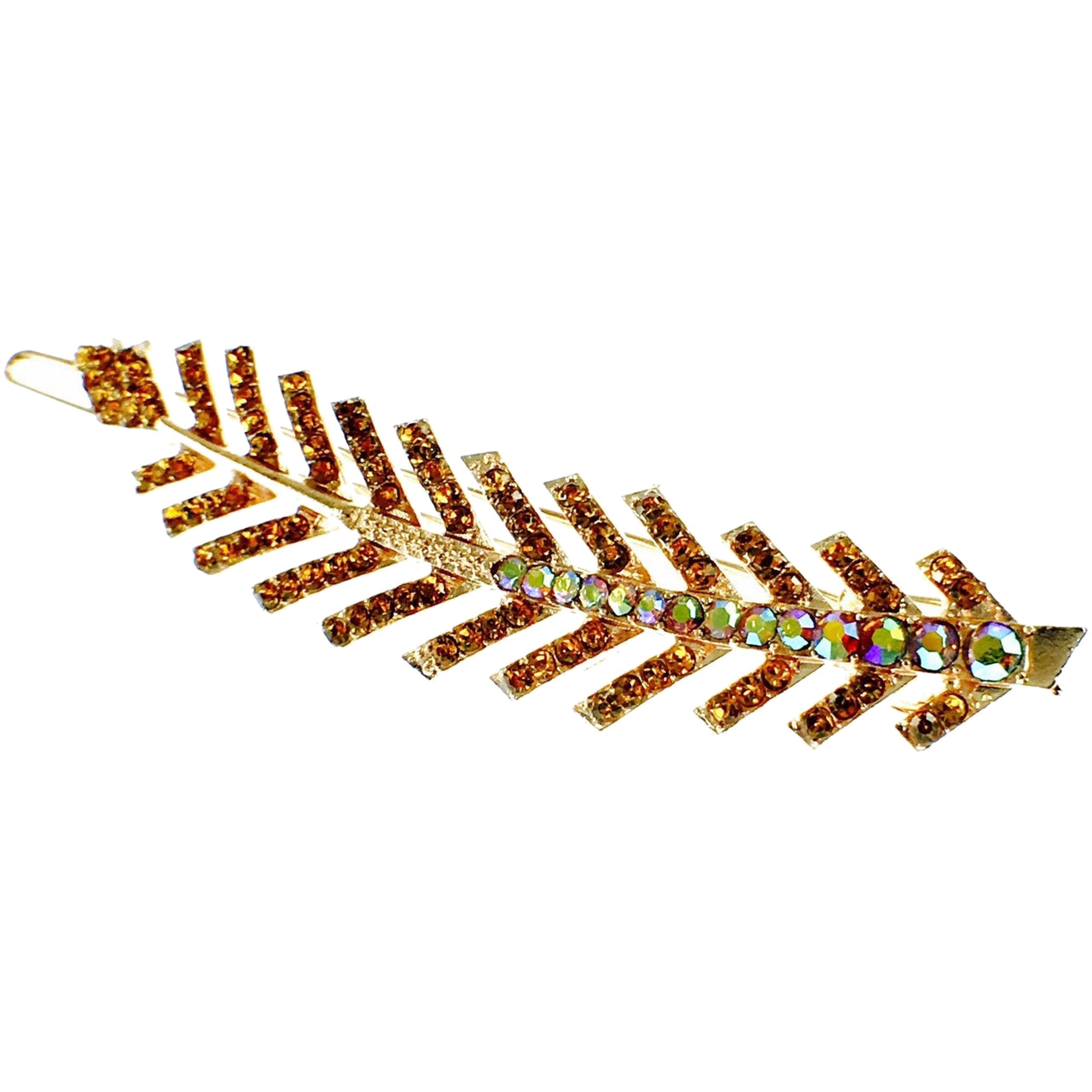 Fern Leaf Hair Clip Rhinestone Crystal gold base Brown, Hair Clip - MOGHANT