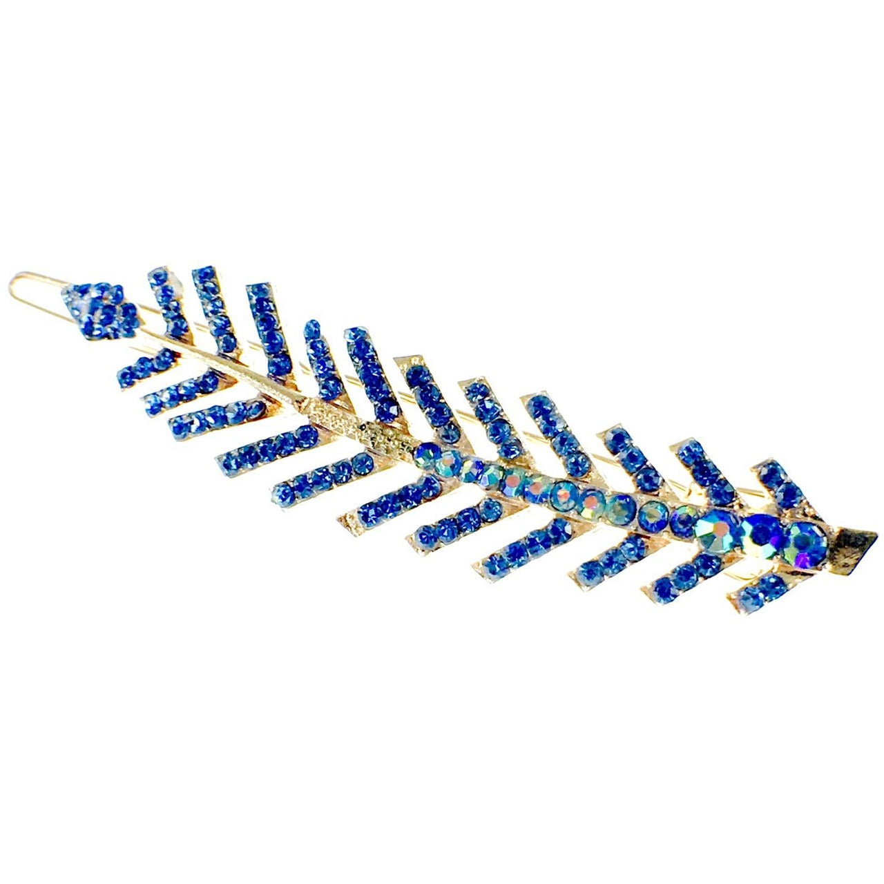 Fern Leaf Hair Clip Rhinestone Crystal gold base Blue, Hair Clip - MOGHANT