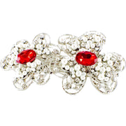 Twin Flowers Barrette Rhinestone Crystal silver base white pearls Red, Barrette - MOGHANT