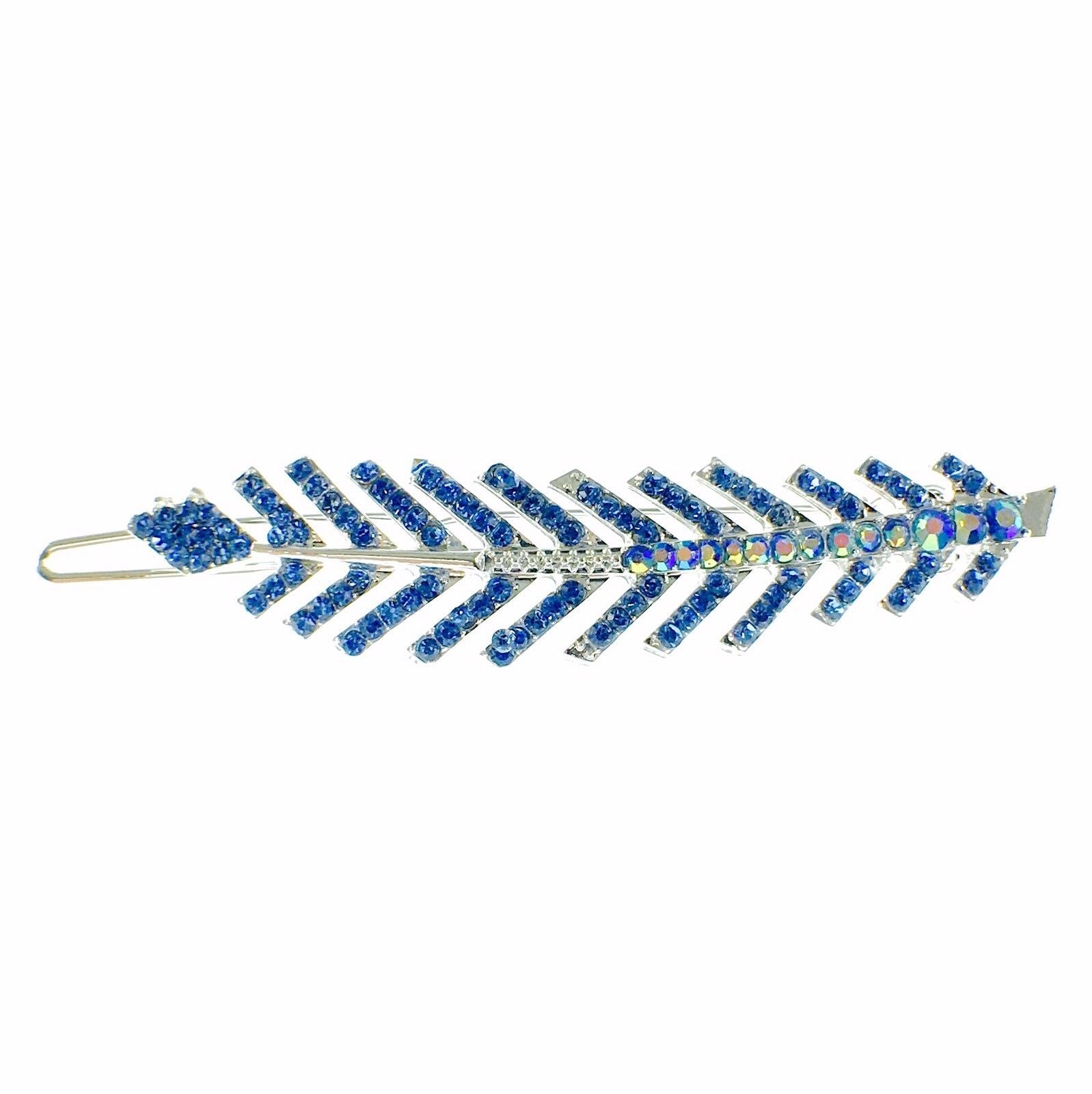 Fern Leaf Hair Clip Rhinestone Crystal silver base Blue, Hair Clip - MOGHANT