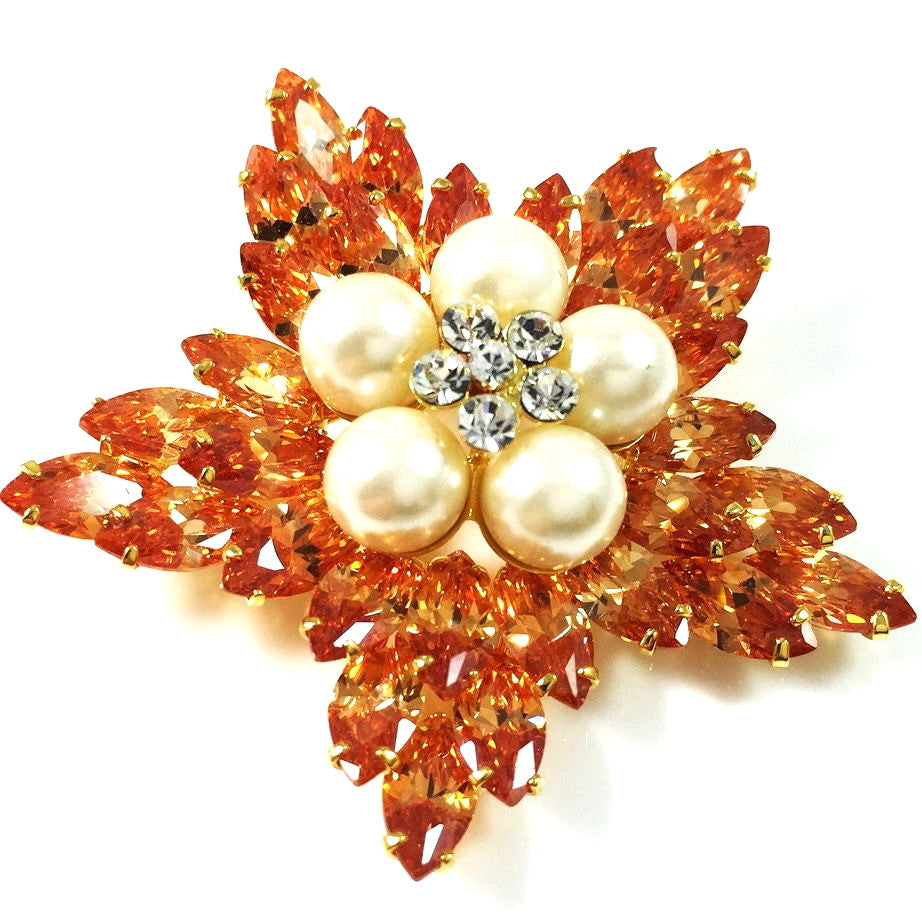 Brooch Pin use Swarovski Crystal Wedding Bridal Flower Gold base White Pearl Orange, Brooch - MOGHANT