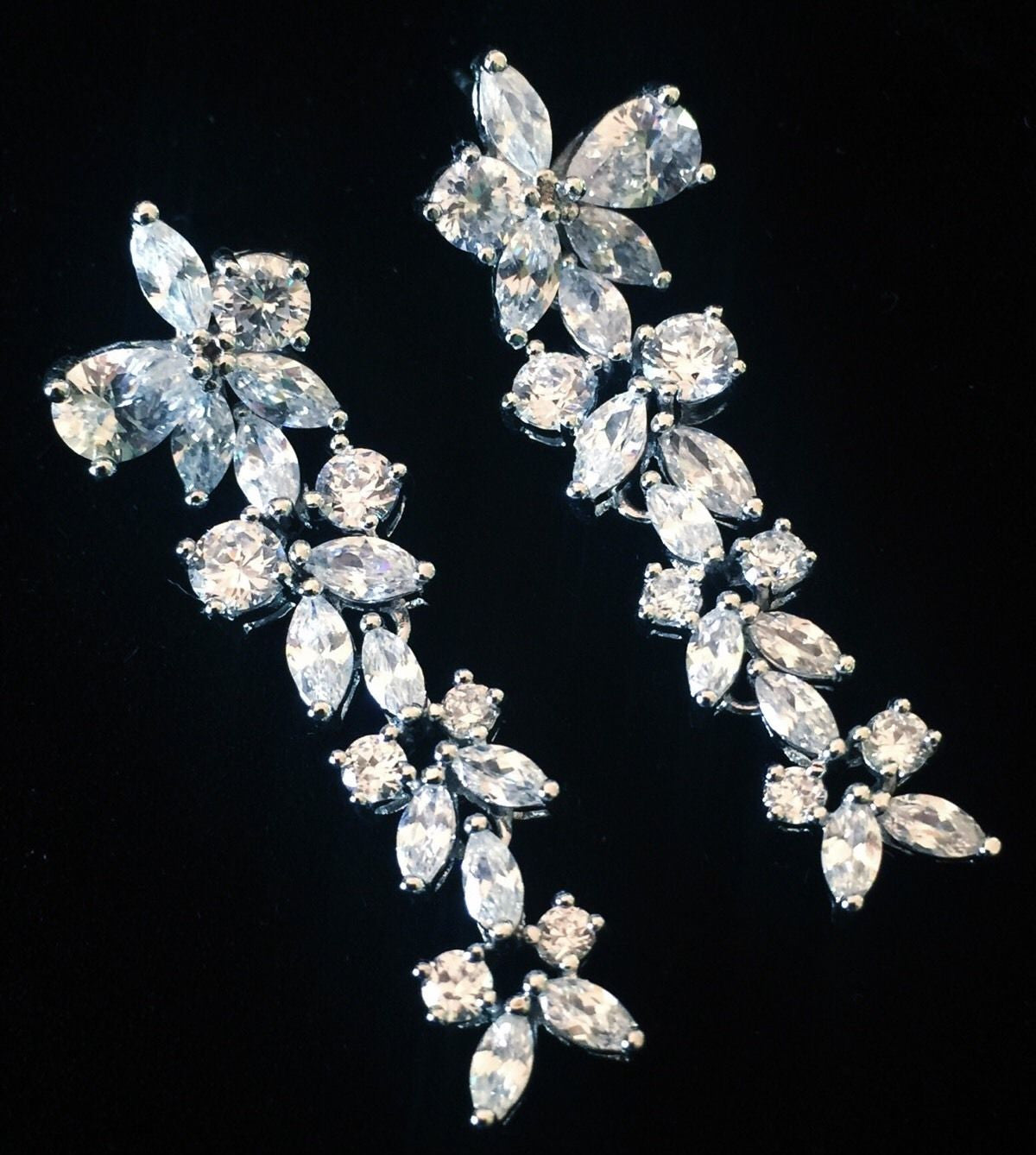 Earring use Swarovski Crystal Dangle Drop Wedding Bridal Rhodium Clear Silver Flower, Dangle/Drop Earring - MOGHANT