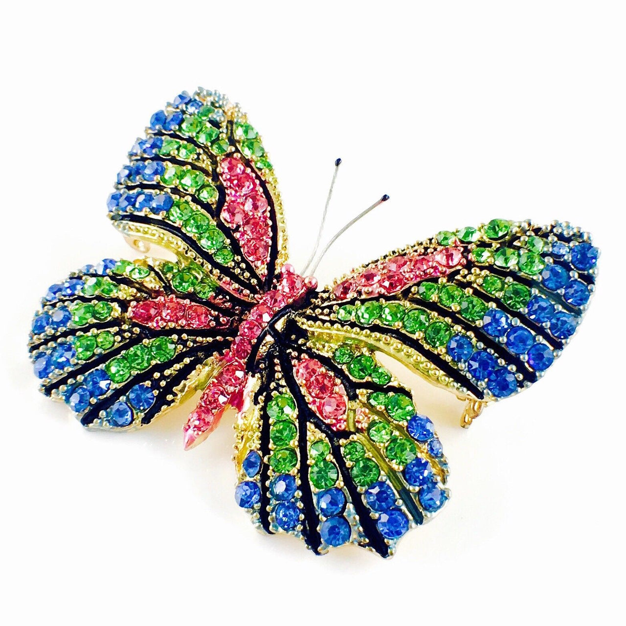 Fairy Butterfly Brooch Swarovski Crystal gold base multi colors Blue Green Pink, Brooch - MOGHANT