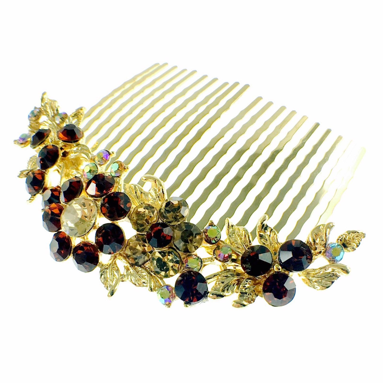 Fresh Floral Hair Comb Austrian Crystal Vintage Simple Flower gold base Amber Brown, Hair Comb - MOGHANT
