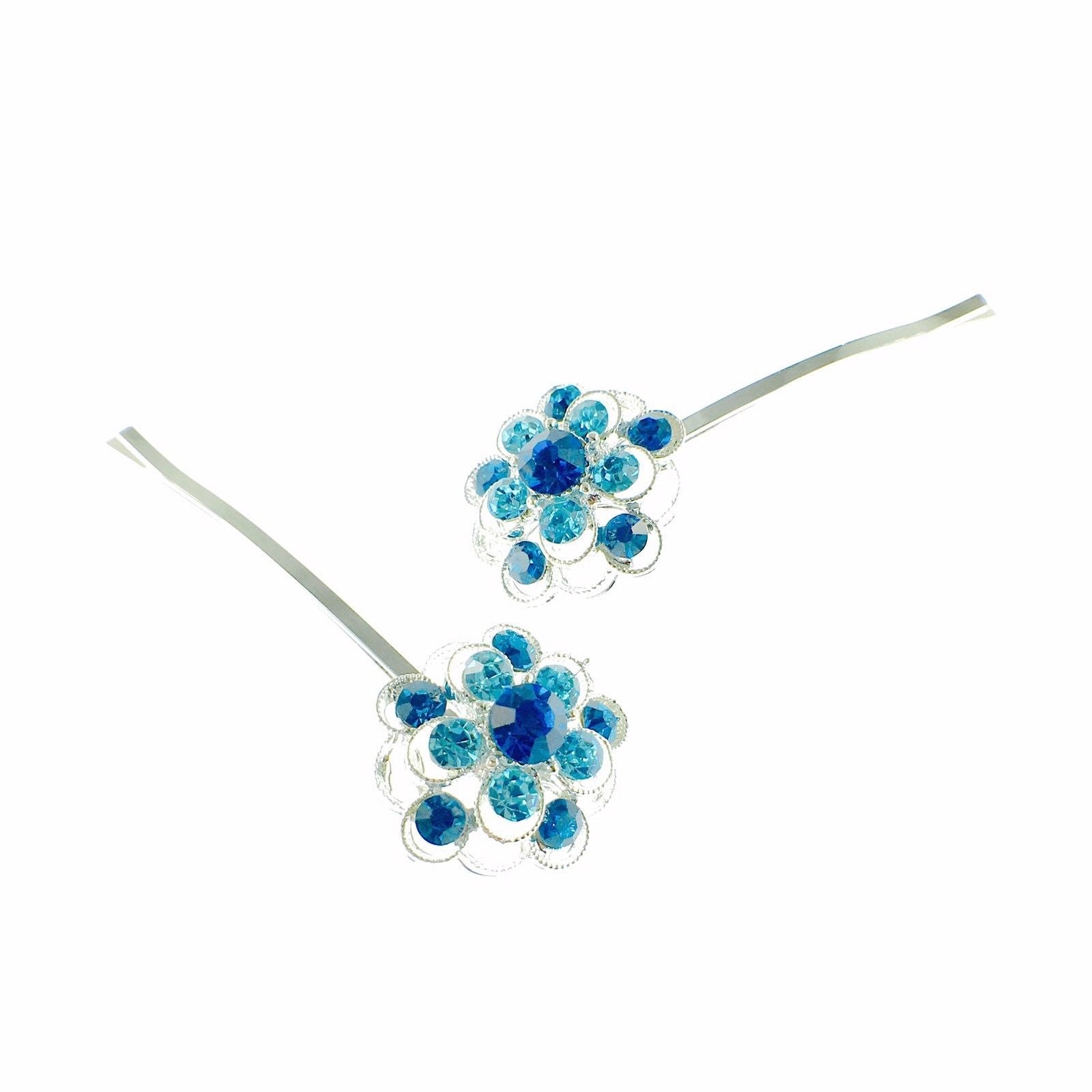 Bobby Pin Pair Rhinestone Crystal silver base Flower Cerulean Blue Simple, Bobby Pin - MOGHANT