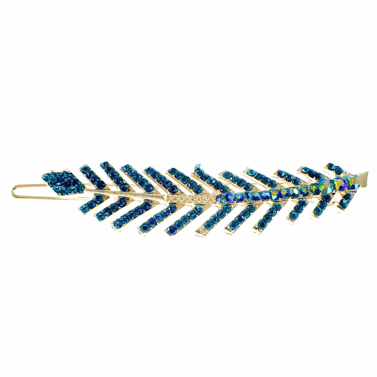 Fern Leaf Hair Clip Rhinestone Crystal gold base Blue Tourmaline Indicolite, Hair Clip - MOGHANT