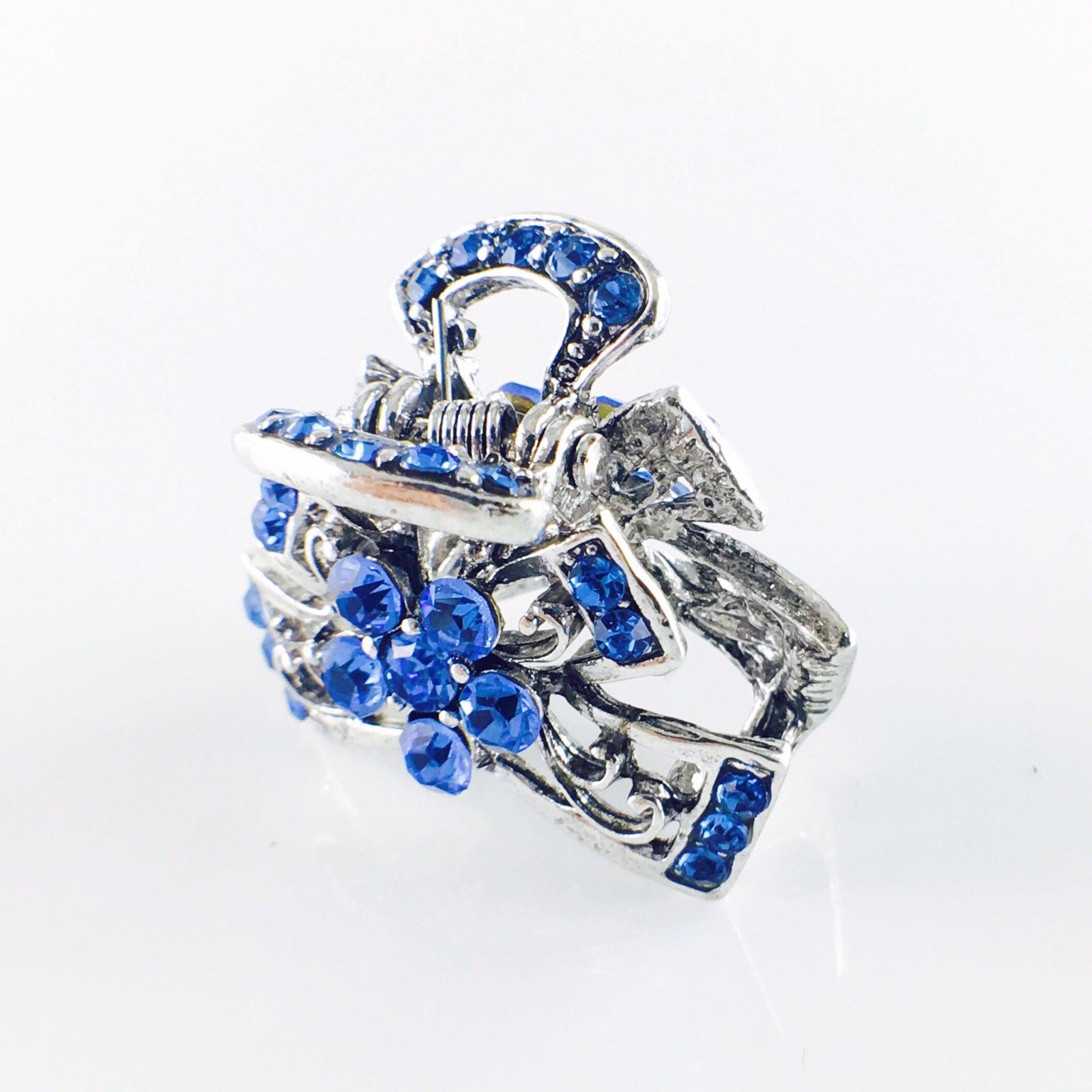 Abstract Butterfly Flower Hair Claw Jaw Clip use Rhinestone Crystal Silver base Blue, Hair Claw - MOGHANT