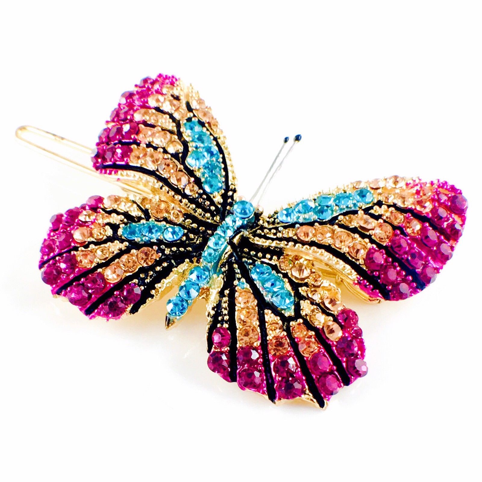 Fairy Butterfly Hair Clip Swarovski Crystal gold base multi colors Fuchsia Magenta Brown Blue, Hair Clip - MOGHANT