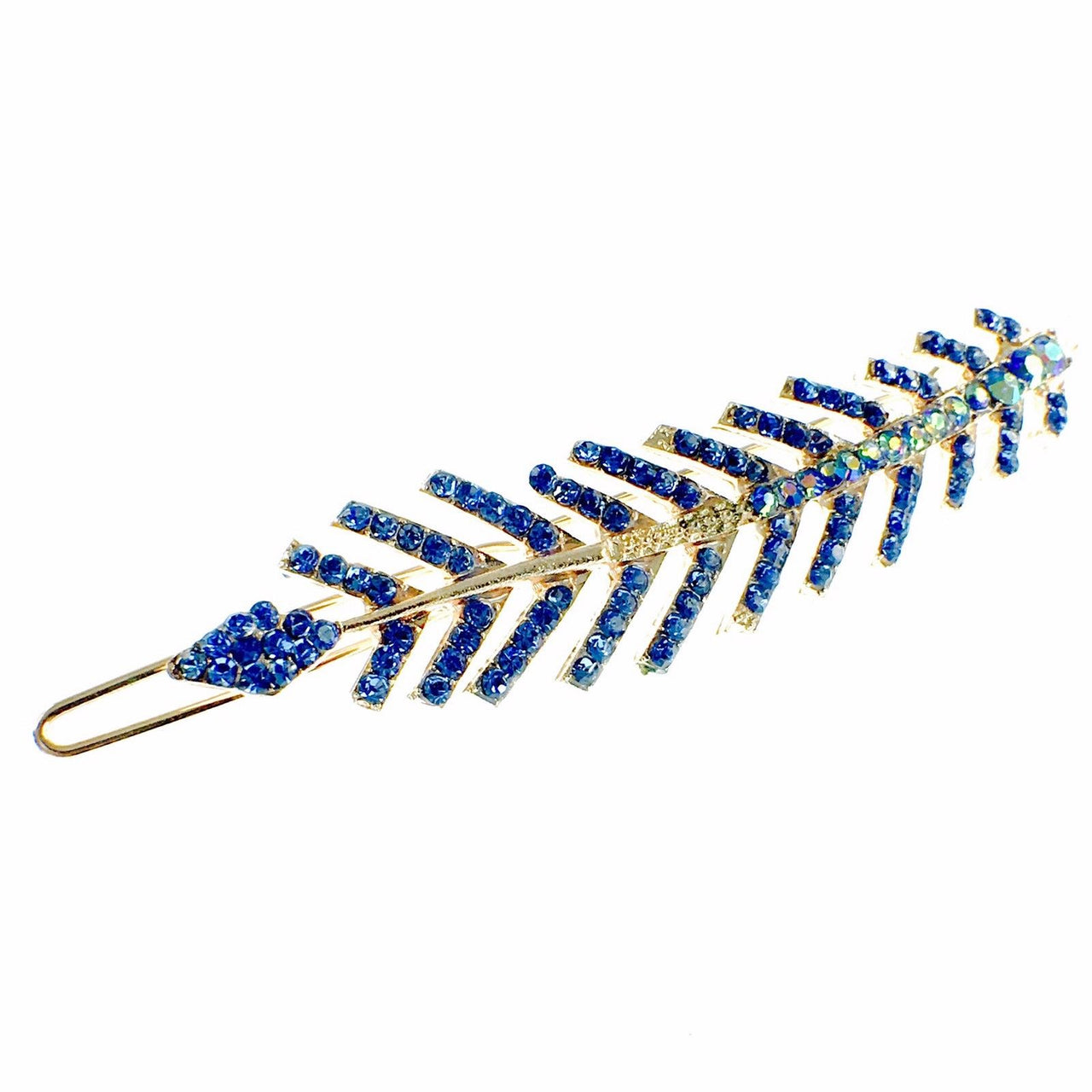 Fern Leaf Hair Clip Rhinestone Crystal gold base Blue, Hair Clip - MOGHANT