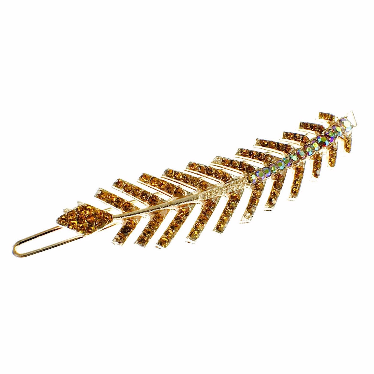 Fern Leaf Hair Clip Rhinestone Crystal gold base Brown, Hair Clip - MOGHANT