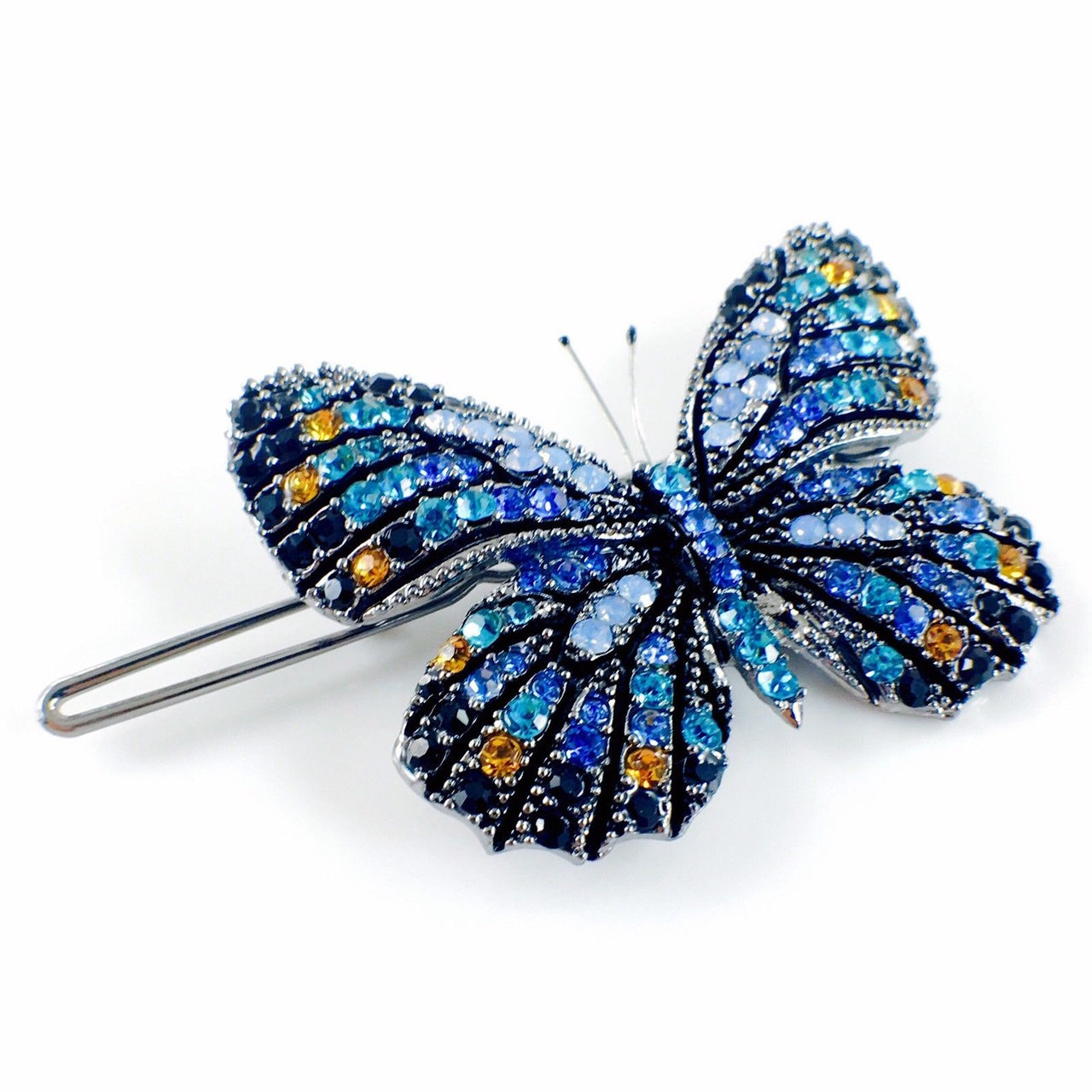 Fairy Butterfly Hair Clip use Swarovski Crystal metallic black base multi colors Blue Sapphire Turquoise Black, Hair Clip - MOGHANT