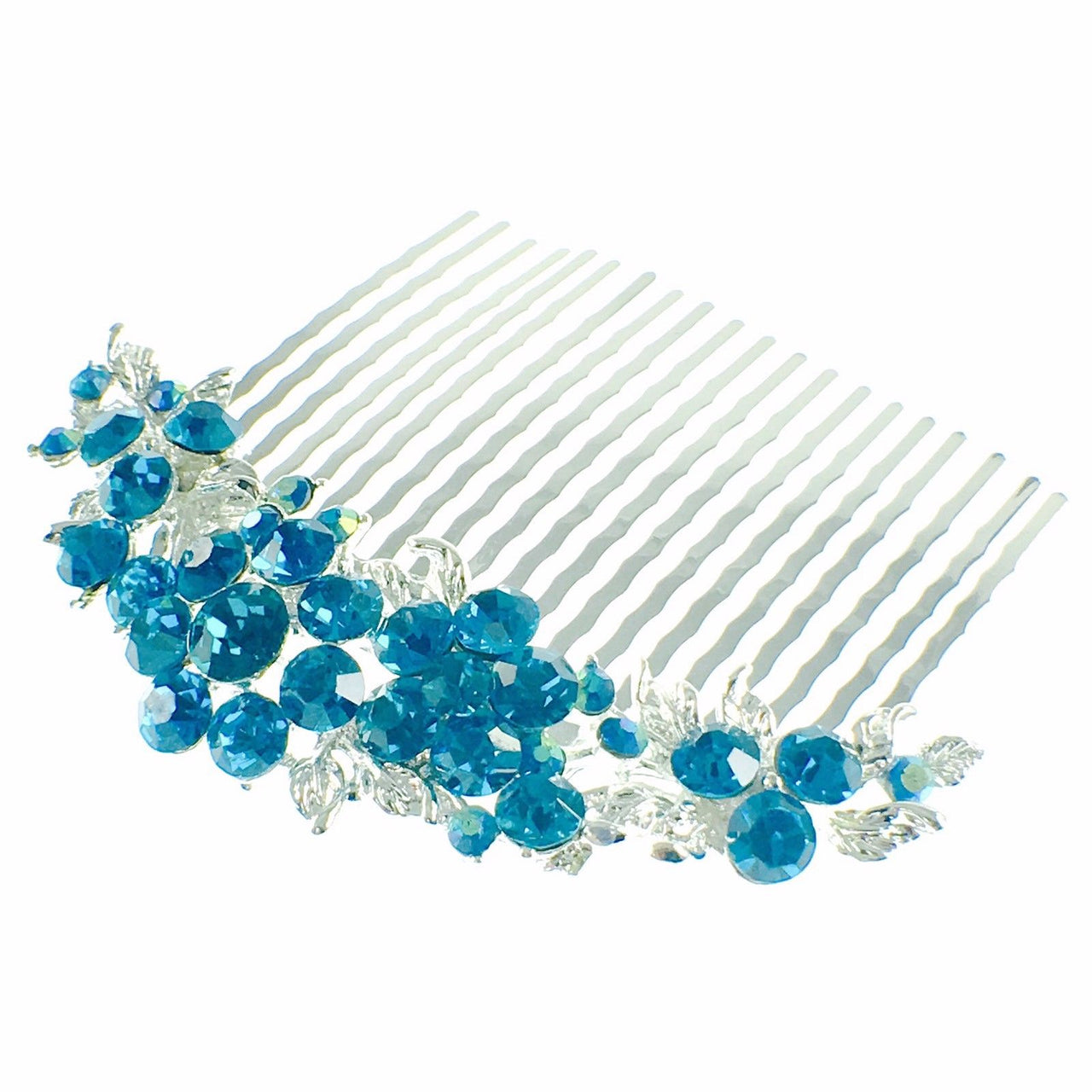 Fresh Floral Hair Comb Austrian Crystal Vintage Simple Flower silver base Cerulean Blue, Hair Comb - MOGHANT