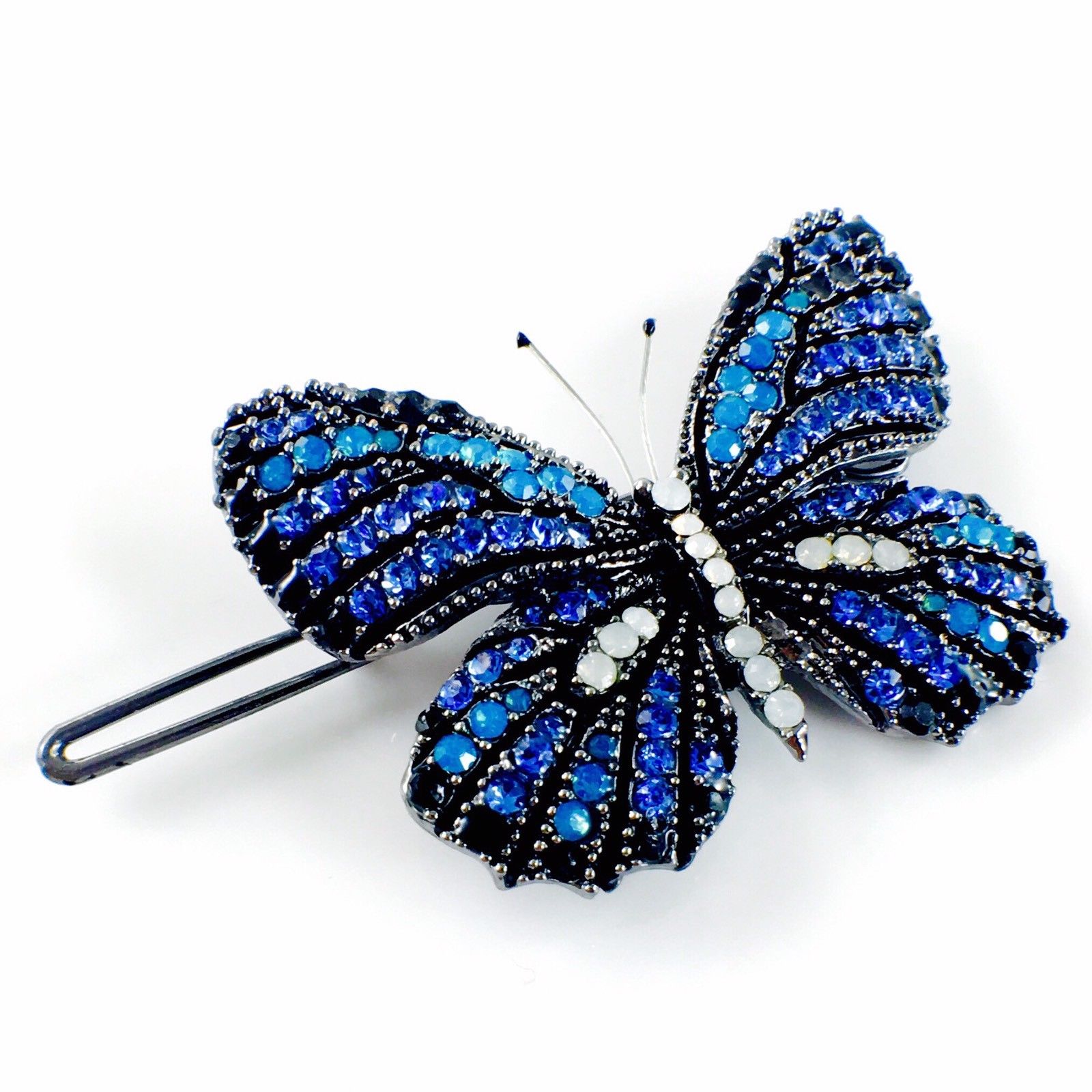 Fairy Butterfly Hair Clip use Swarovski Crystal metallic black base multi colors Blue Sapphire White Black, Hair Clip - MOGHANT