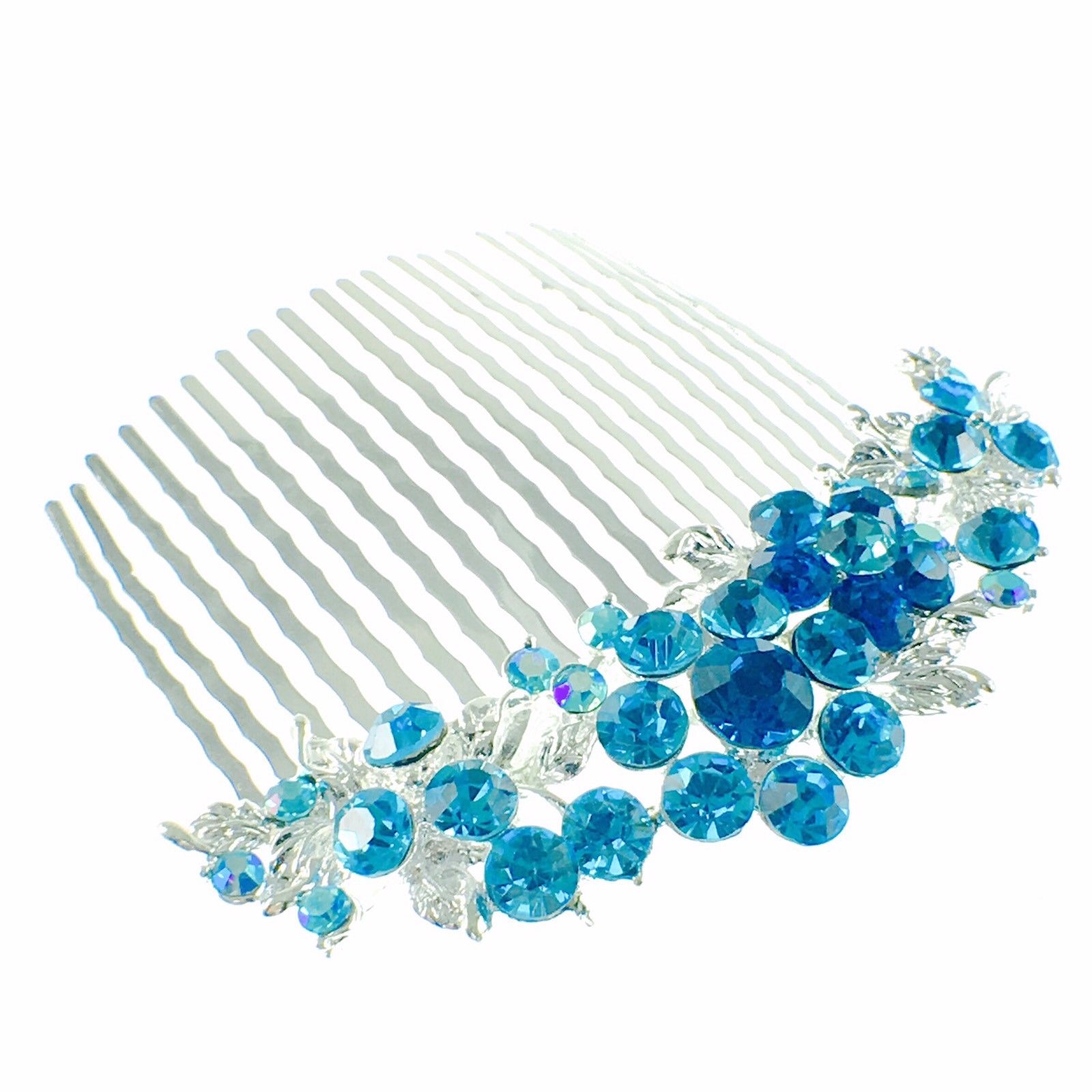 Fresh Floral Hair Comb Austrian Crystal Vintage Simple Flower silver base Sky Cerulean Blue, Hair Comb - MOGHANT