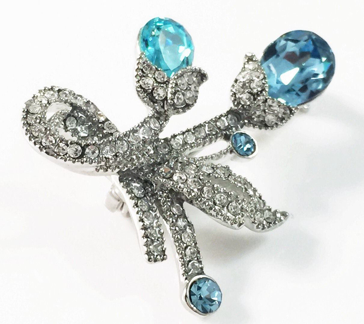 Brooch Pin use Swarovski Crystal Wedding Bridal Ribbon Flower Silver base Blue, Brooch - MOGHANT