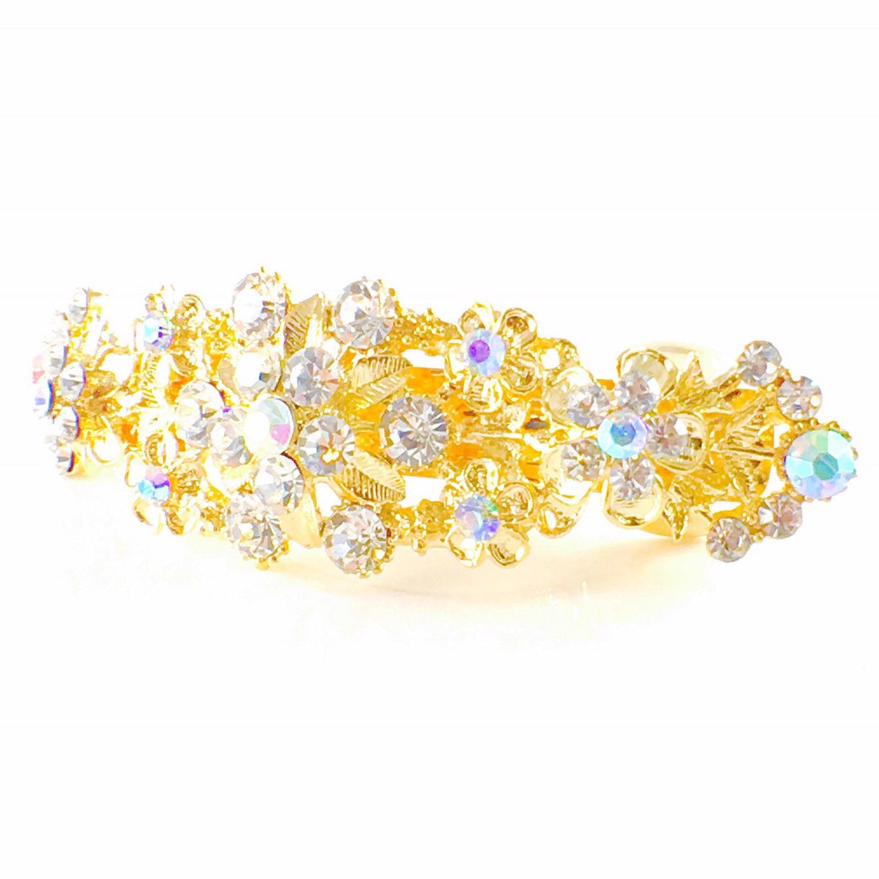 Cohosh Flower Blossom Barrette Rhinestone Crystal Vintage gold base Clear, Barrette - MOGHANT