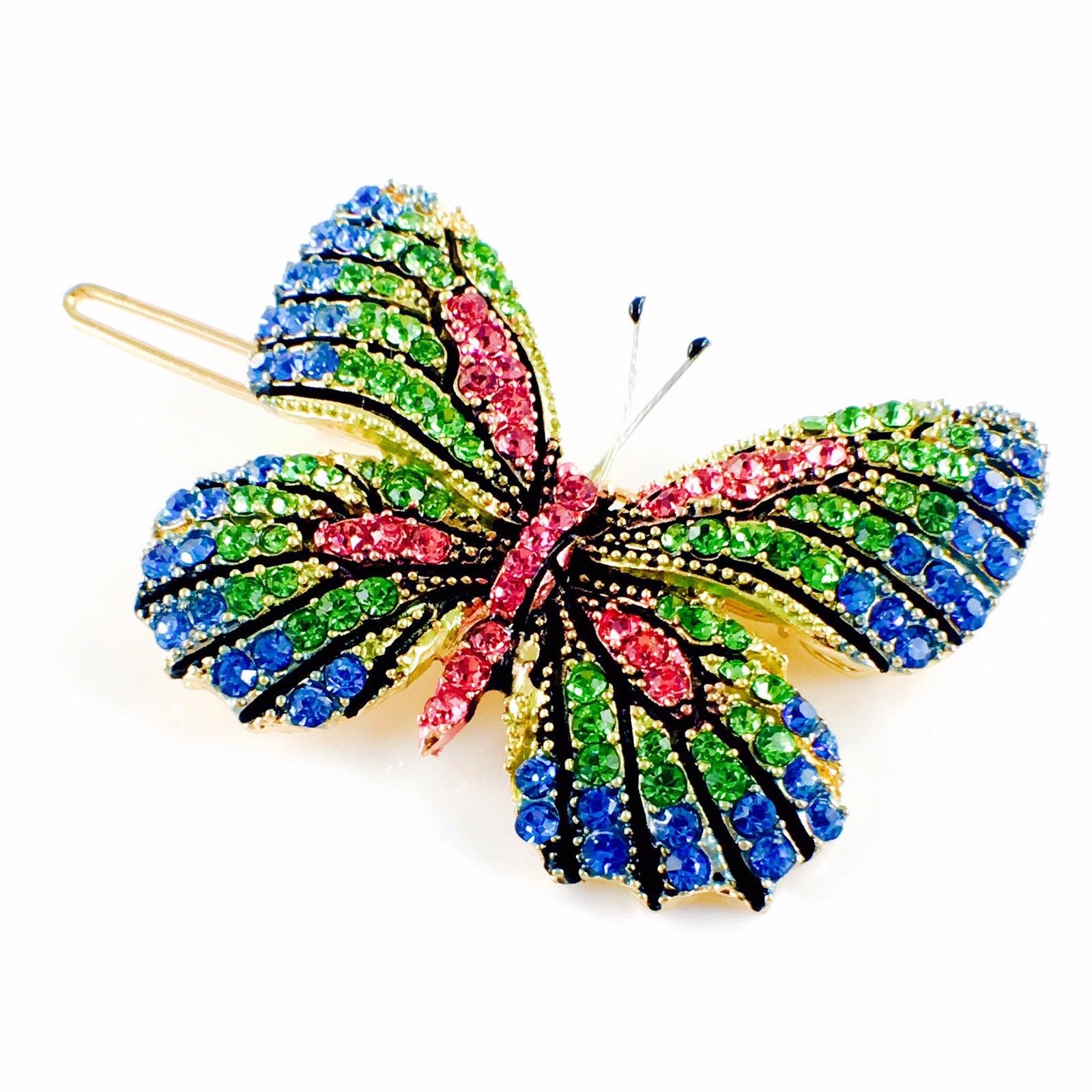 Fairy Butterfly Hair Clip Swarovski Crystal gold base multi colors Blue Green Pink, Hair Clip - MOGHANT