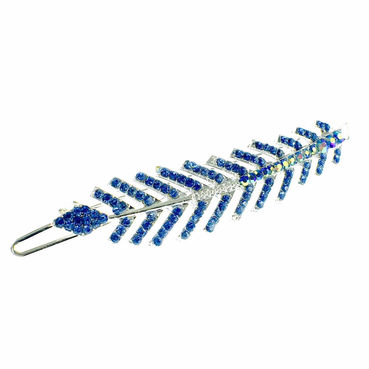 Fern Leaf Hair Clip Rhinestone Crystal silver base Blue, Hair Clip - MOGHANT