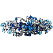 Butterfly on Flowers Barrette Rhinestone Crystal Vintage silver base Blue, Barrette - MOGHANT