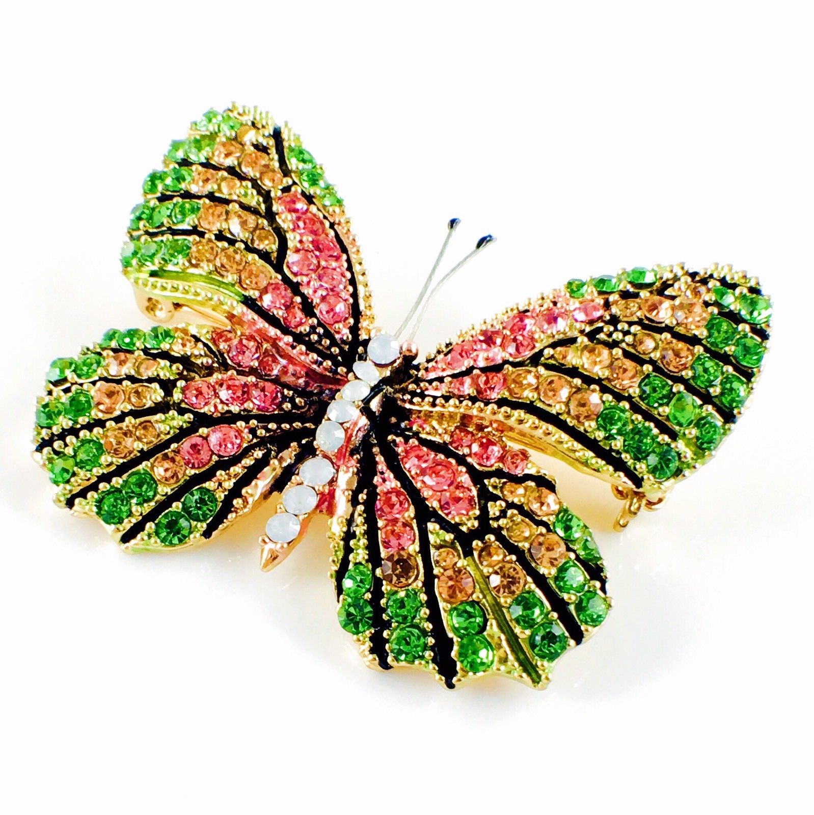 Fairy Butterfly Brooch Swarovski Crystal gold base multi colors Green Pink Amber, Brooch - MOGHANT