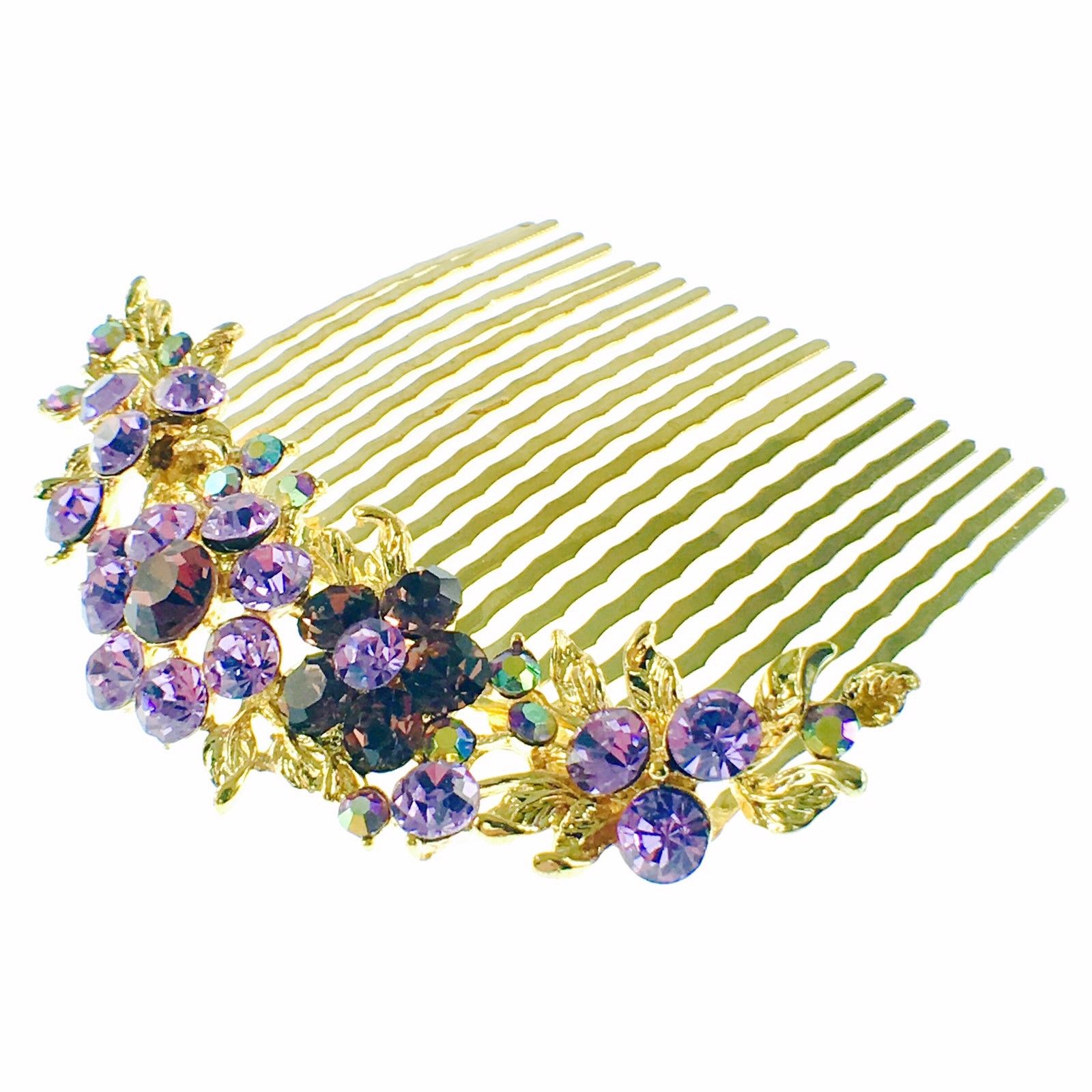 Fresh Floral Hair Comb Austrian Crystal Vintage Simple Flower gold base Purple, Hair Comb - MOGHANT