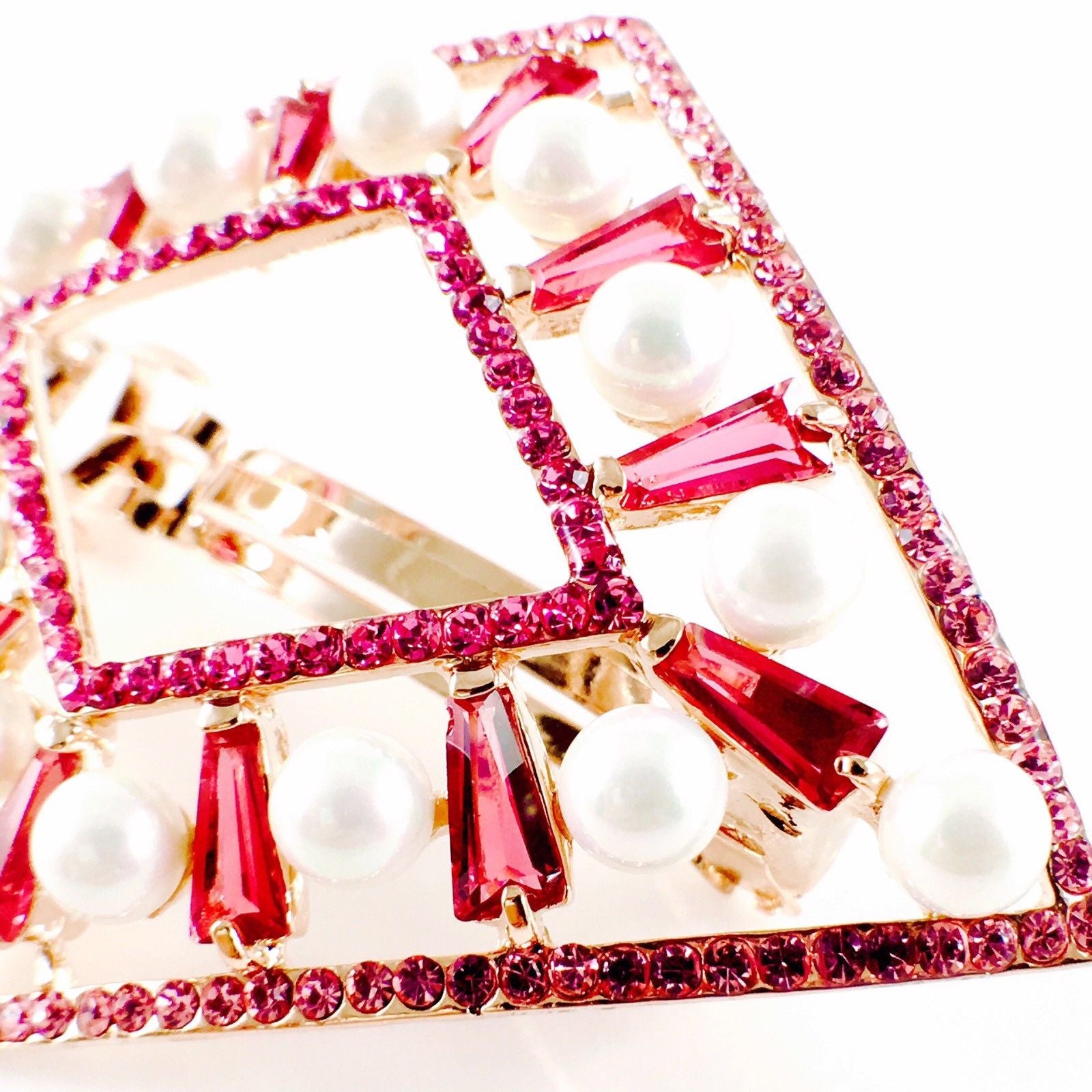 Pearl Barrette Handmade use Swarovski Crystal Pink Rhombus, Barrette - MOGHANT