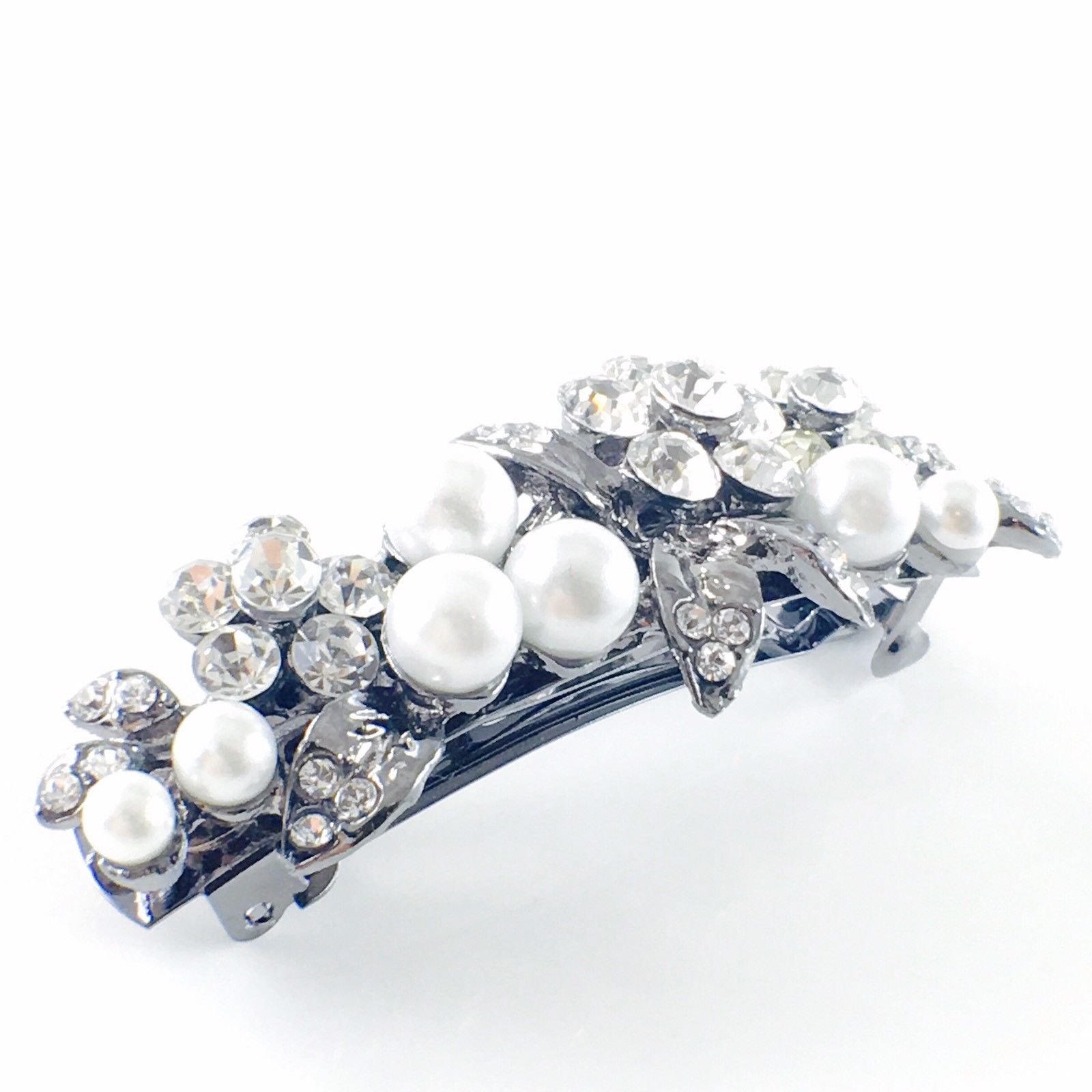 Lush Flowers Barrette Rhinestone Crystal Vintage silver base white pearls Clear, Barrette - MOGHANT