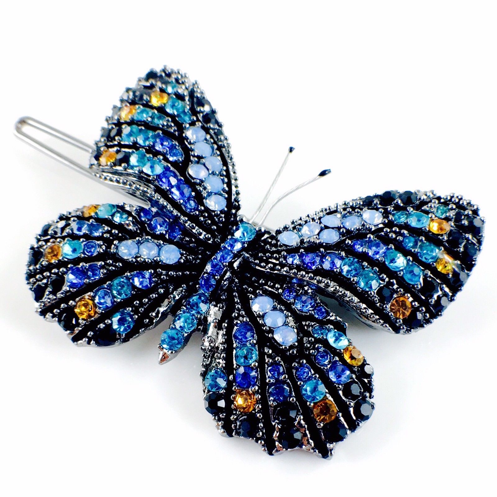 Fairy Butterfly Hair Clip use Swarovski Crystal metallic black base multi colors Blue Sapphire Turquoise Black, Hair Clip - MOGHANT