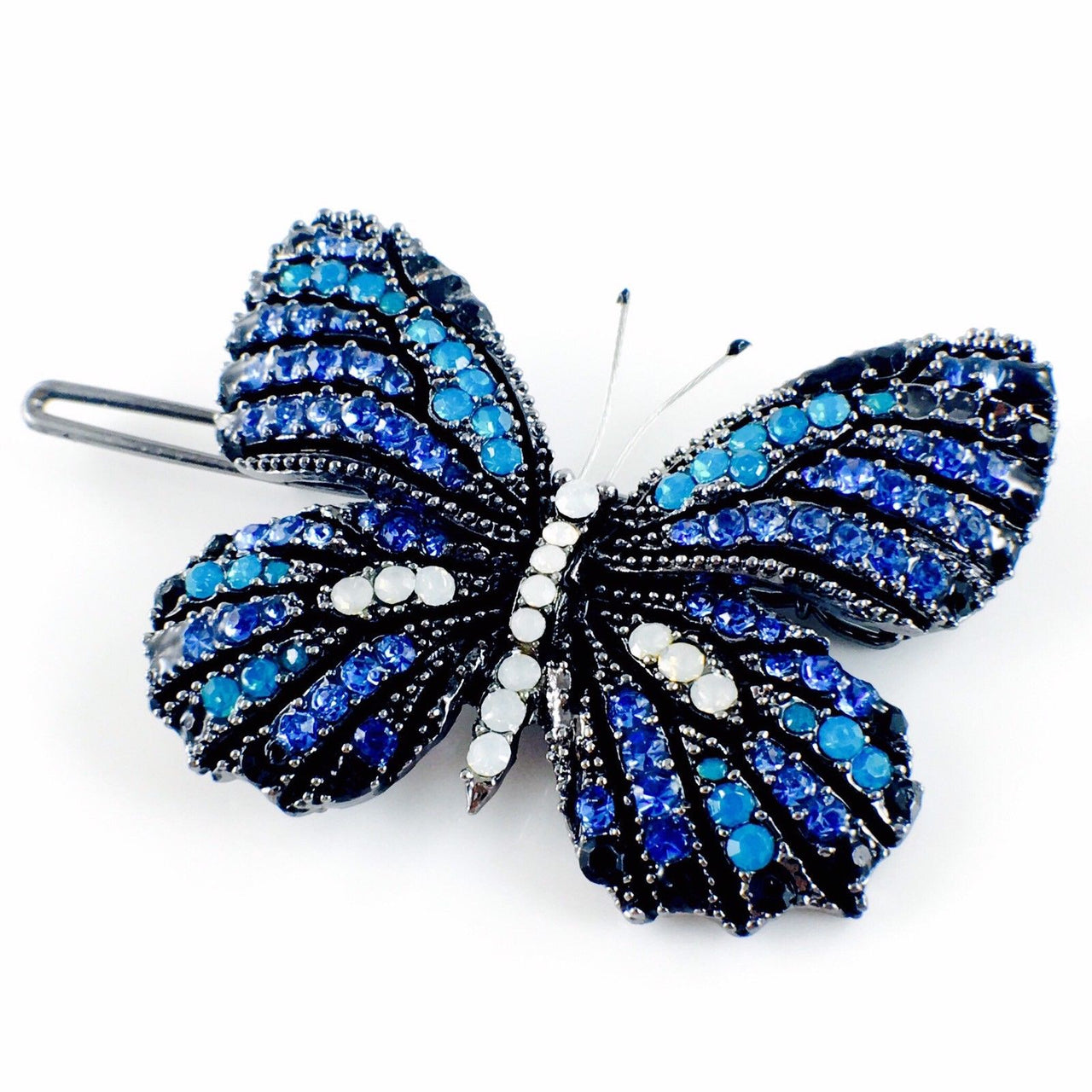 Fairy Butterfly Hair Clip use Swarovski Crystal metallic black base multi colors Blue Sapphire White Black, Hair Clip - MOGHANT