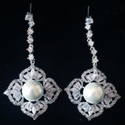 Earring use Swarovski Crystal Dangle Drop Wedding Bridal Rhodium Clear Silver Pearl, Dangle/Drop Earring - MOGHANT