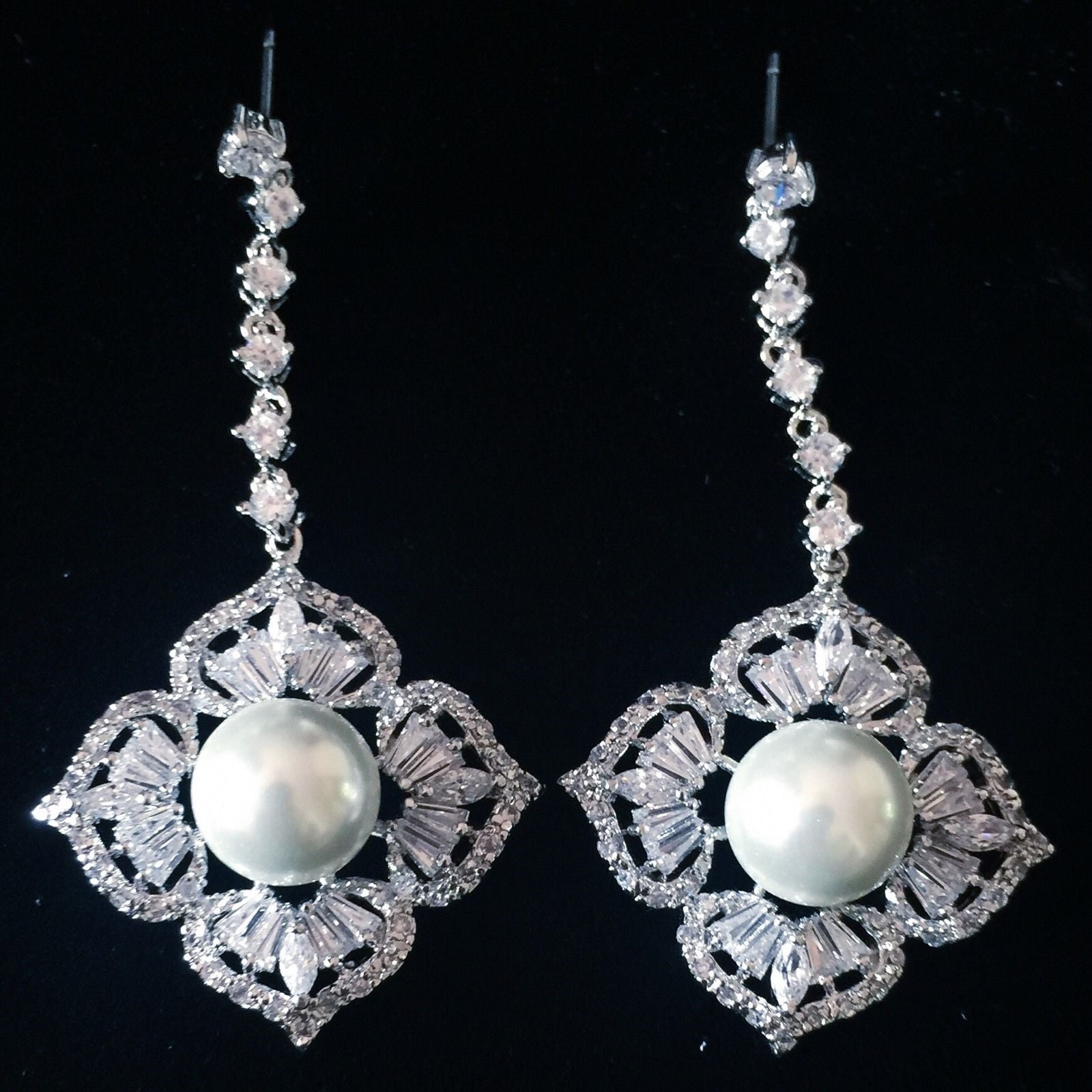 Earring use Swarovski Crystal Dangle Drop Wedding Bridal Rhodium Clear Silver Pearl, Dangle/Drop Earring - MOGHANT