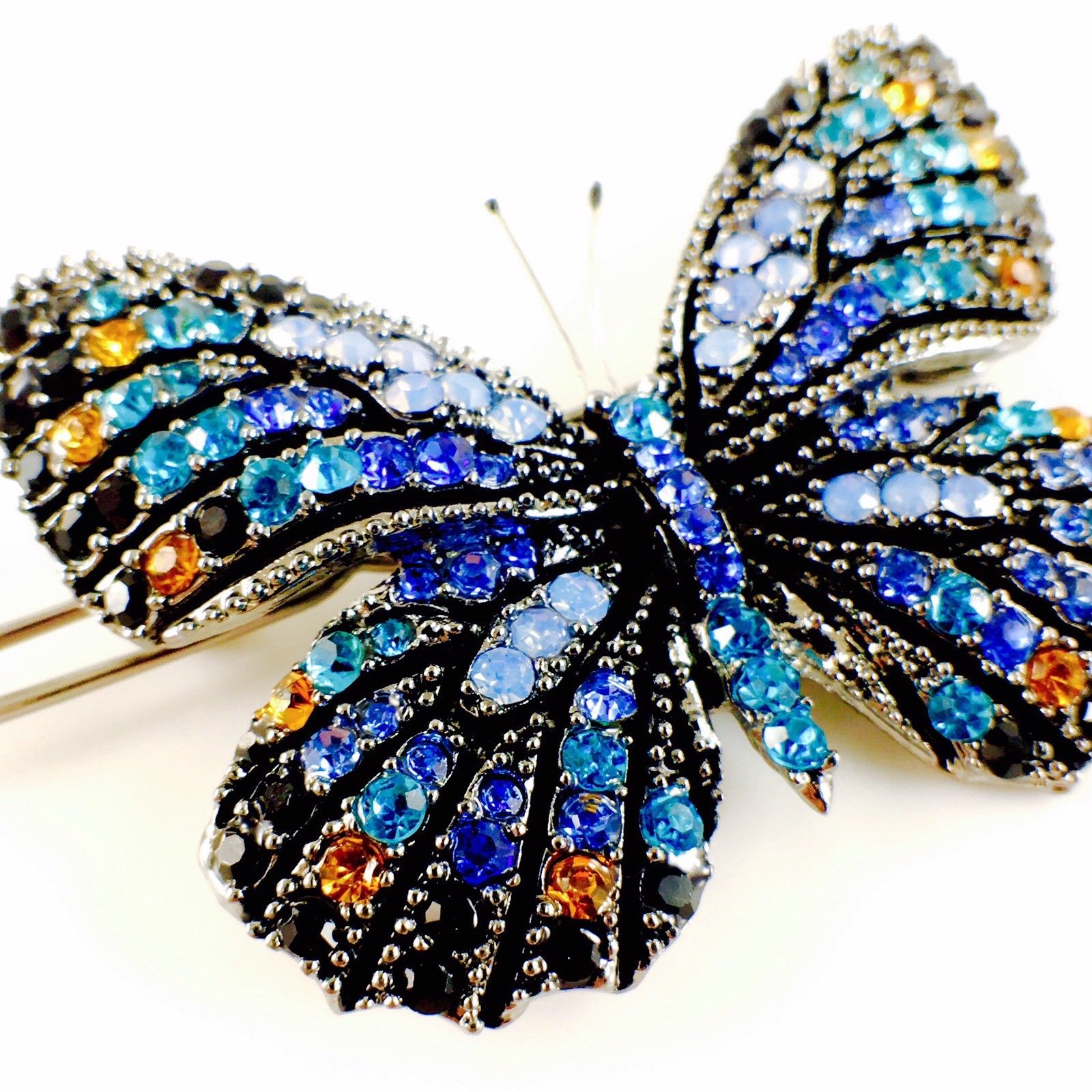 Fairy Butterfly Hair Clip use Swarovski Crystal metallic black base multi colors Blue Sapphire Turquoise Black, Hair Clip - MOGHANT