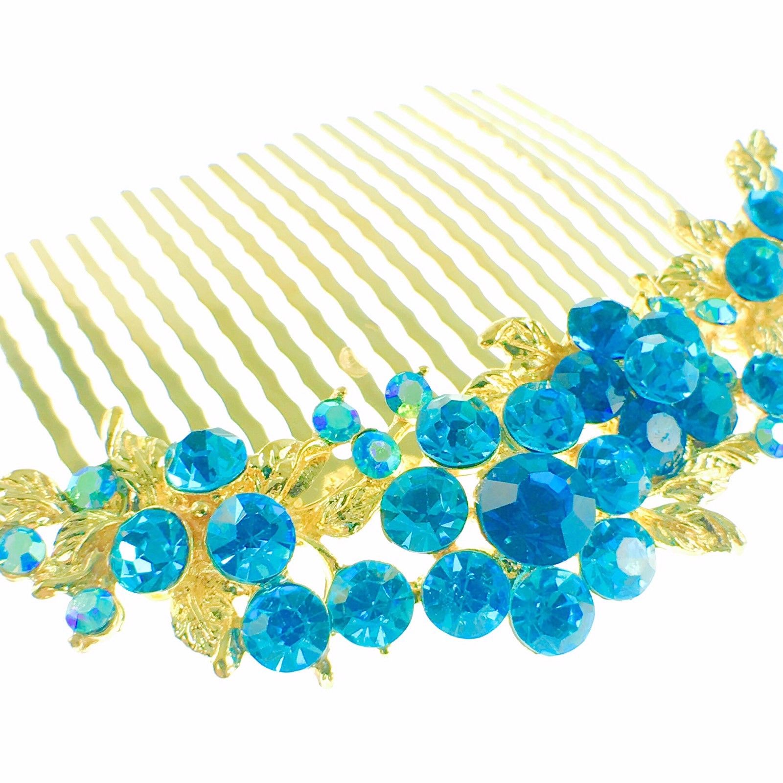 Fresh Floral Hair Comb Austrian Crystal Vintage Simple Flower gold base Blue, Hair Comb - MOGHANT