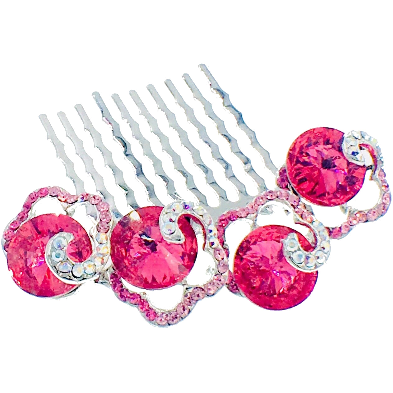 Quartet Floral Hair Comb Swarovski Crystal silver base Rose Pink, Hair Comb - MOGHANT