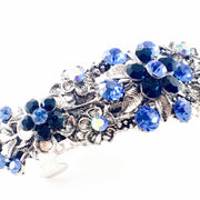 Cohosh Flower Blossom Barrette Rhinestone Crystal Vintage silver base Blue, Barrette - MOGHANT