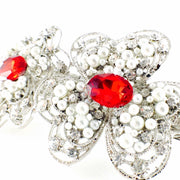 Twin Flowers Barrette Rhinestone Crystal silver base white pearls Red, Barrette - MOGHANT